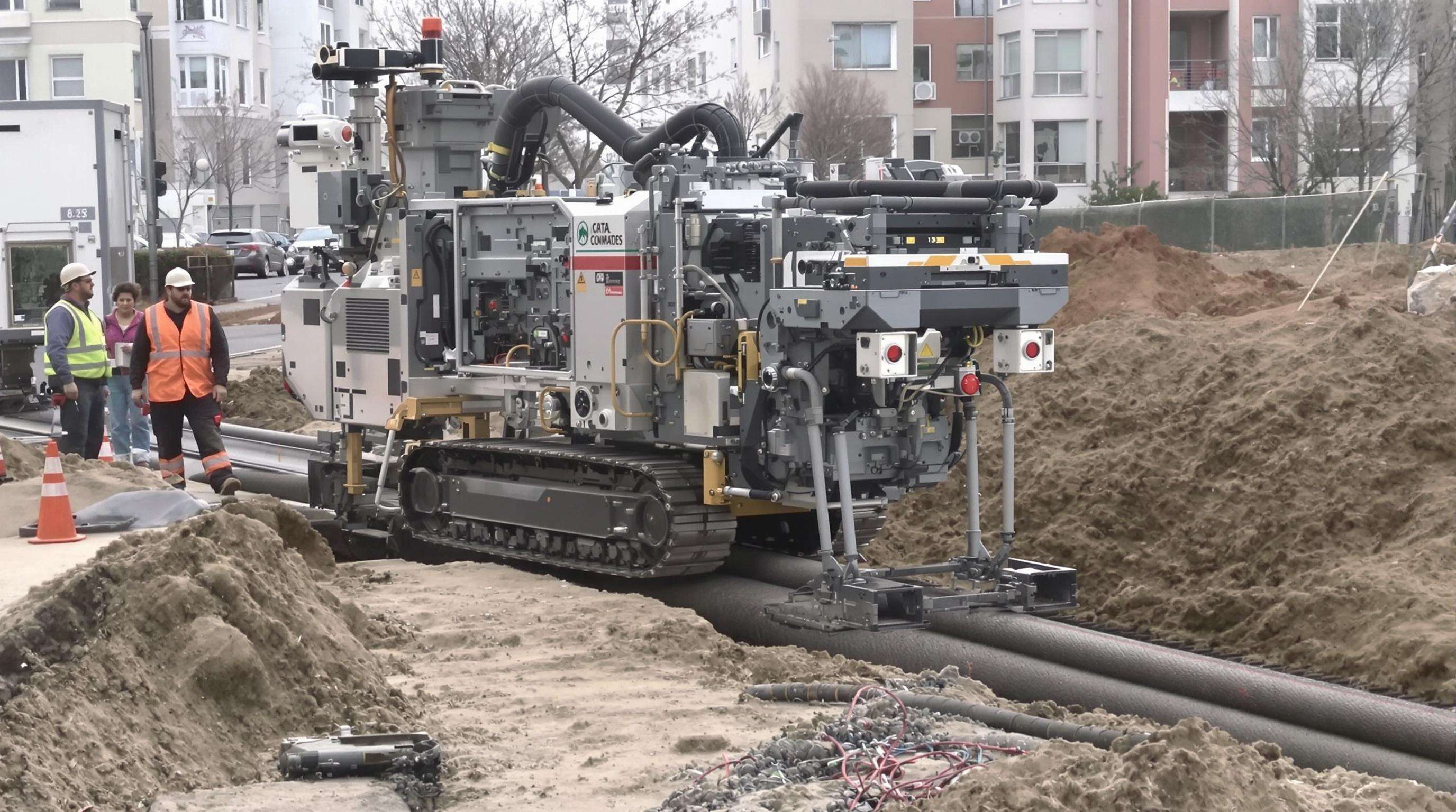 A high-tech ditch lining machine using sensors and automated controls on a city construction site