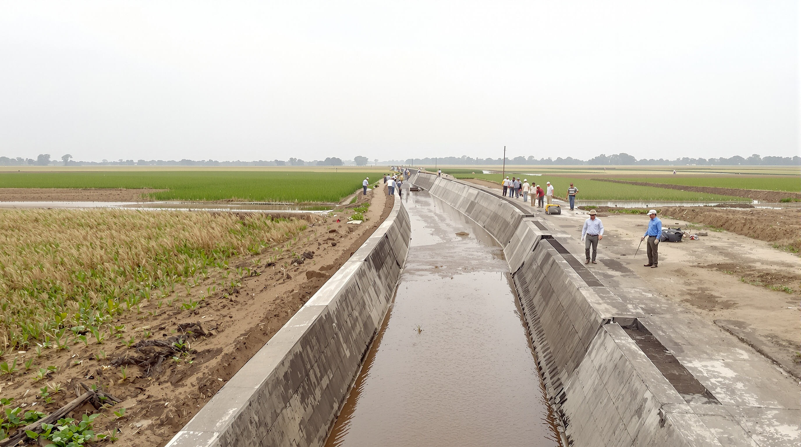 U shaped lined irrigation ditch with smooth water flow and engineers inspecting the canal