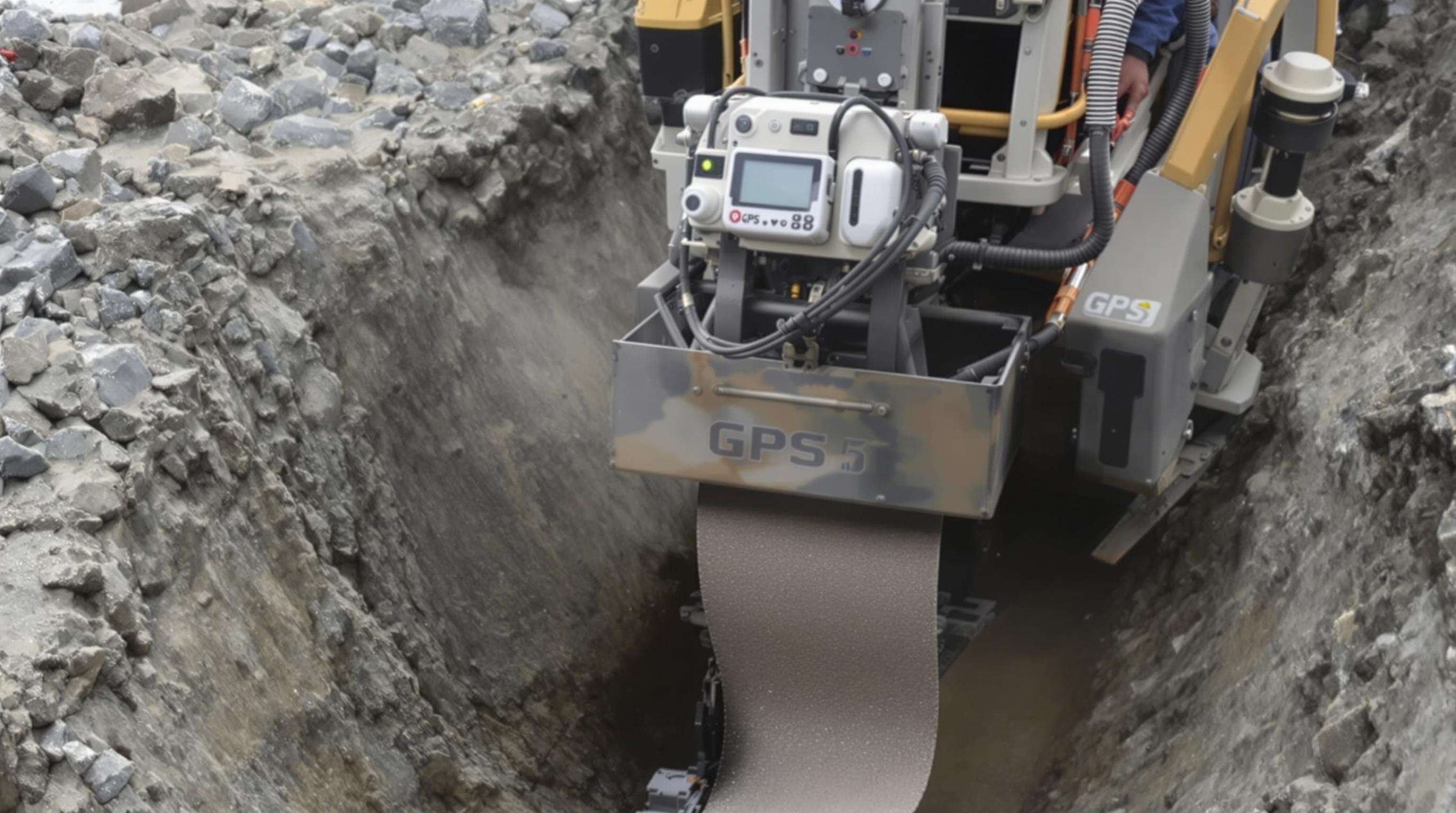 Modern ditch lining machine with GPS system, automated liner deployment, and sensors at work in a wide channel