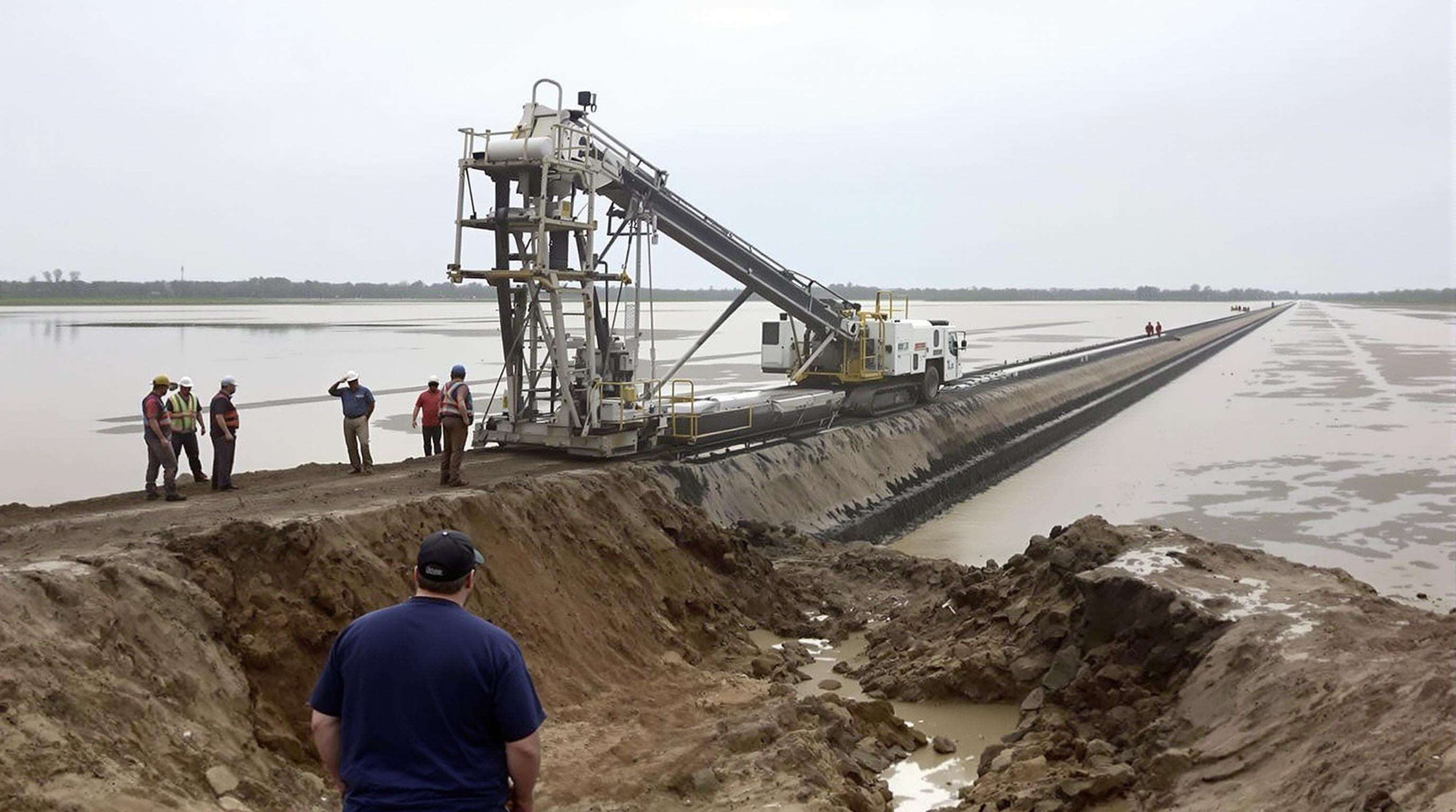 Automated ditch lining machine reducing manual labor along a river levee project with workers present