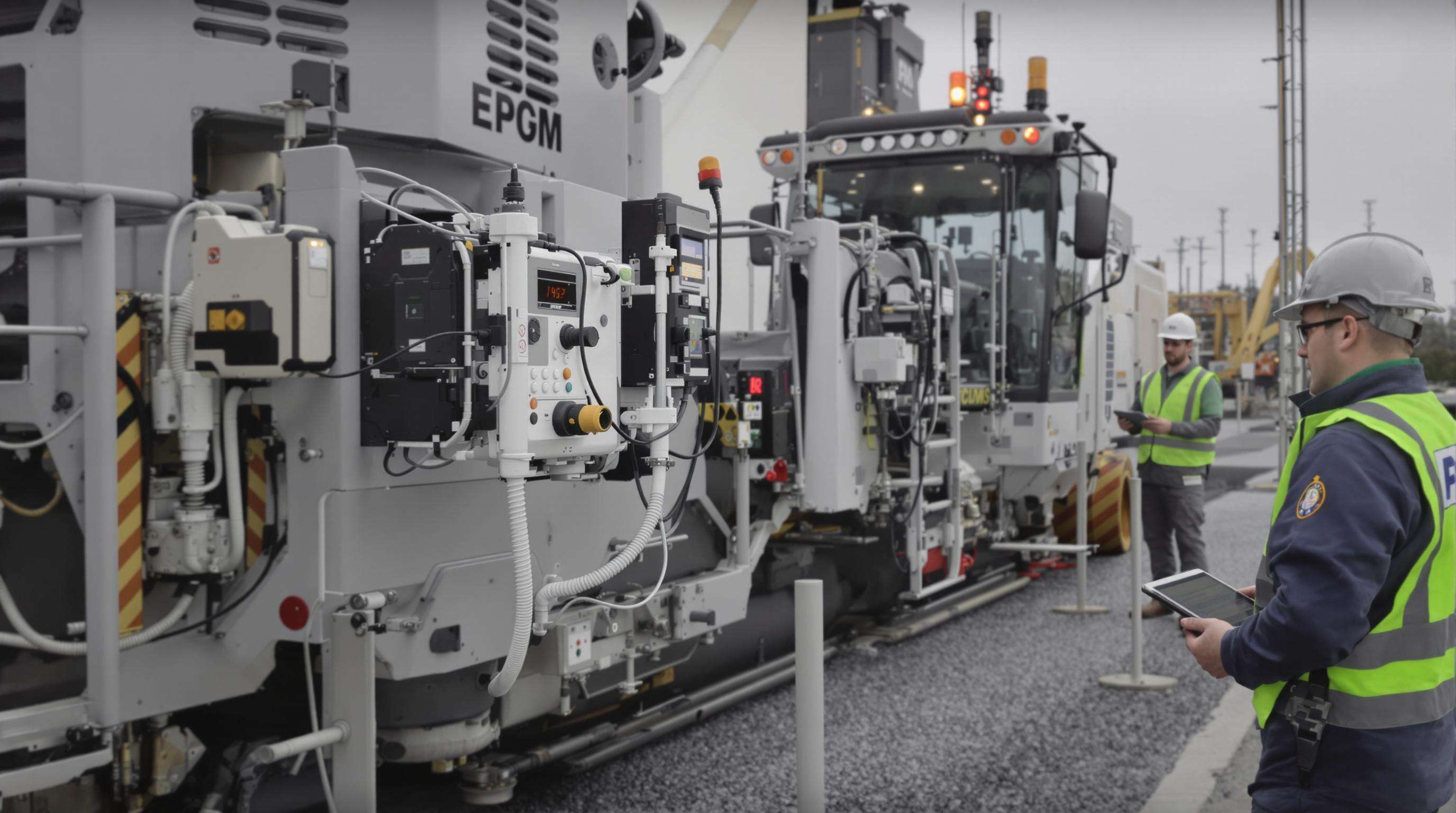 Modern slipform paver machine with sensors and engineers using digital monitoring equipment