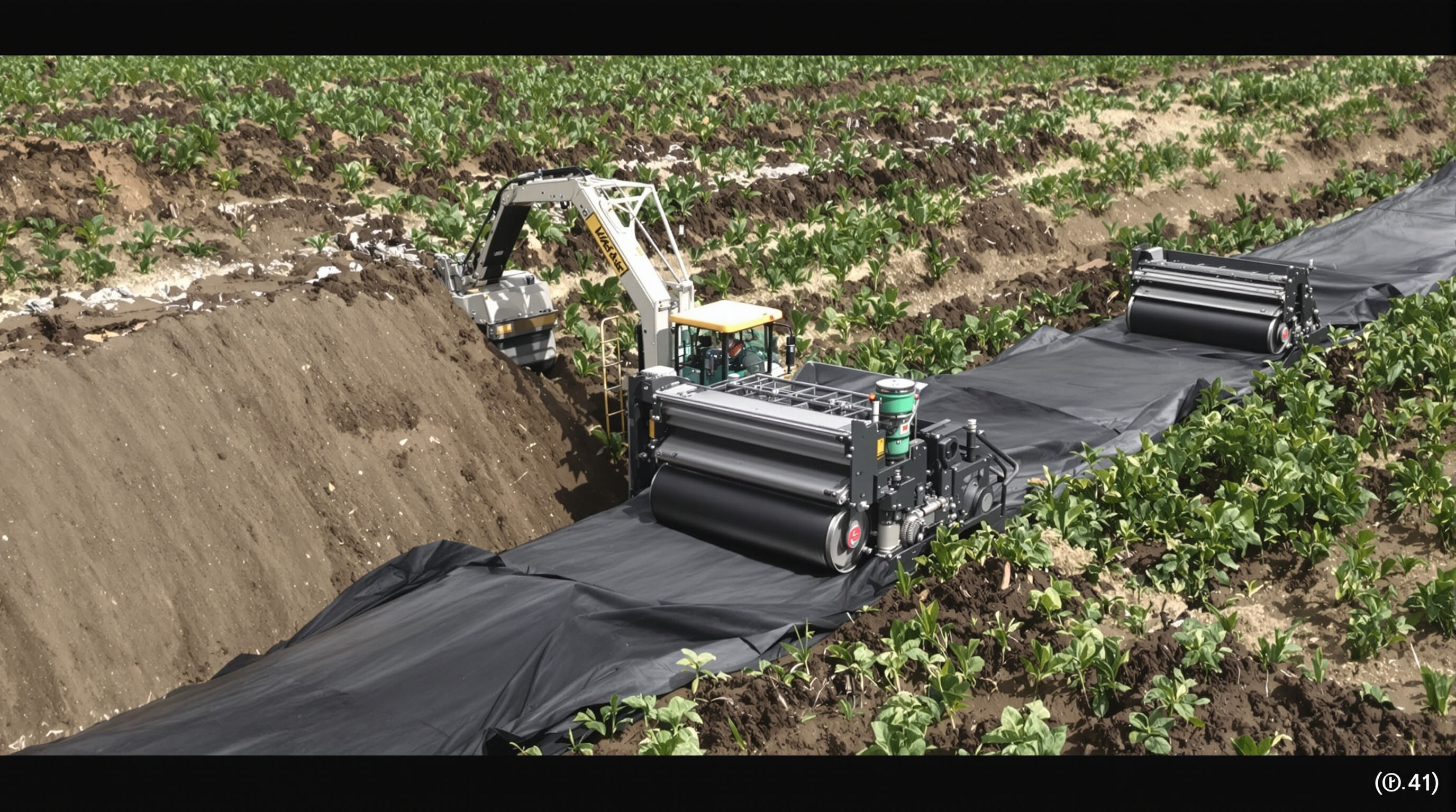 A U Shape Ditch Lining Machine forming a U-shaped trench while feeding a liner in a farm field