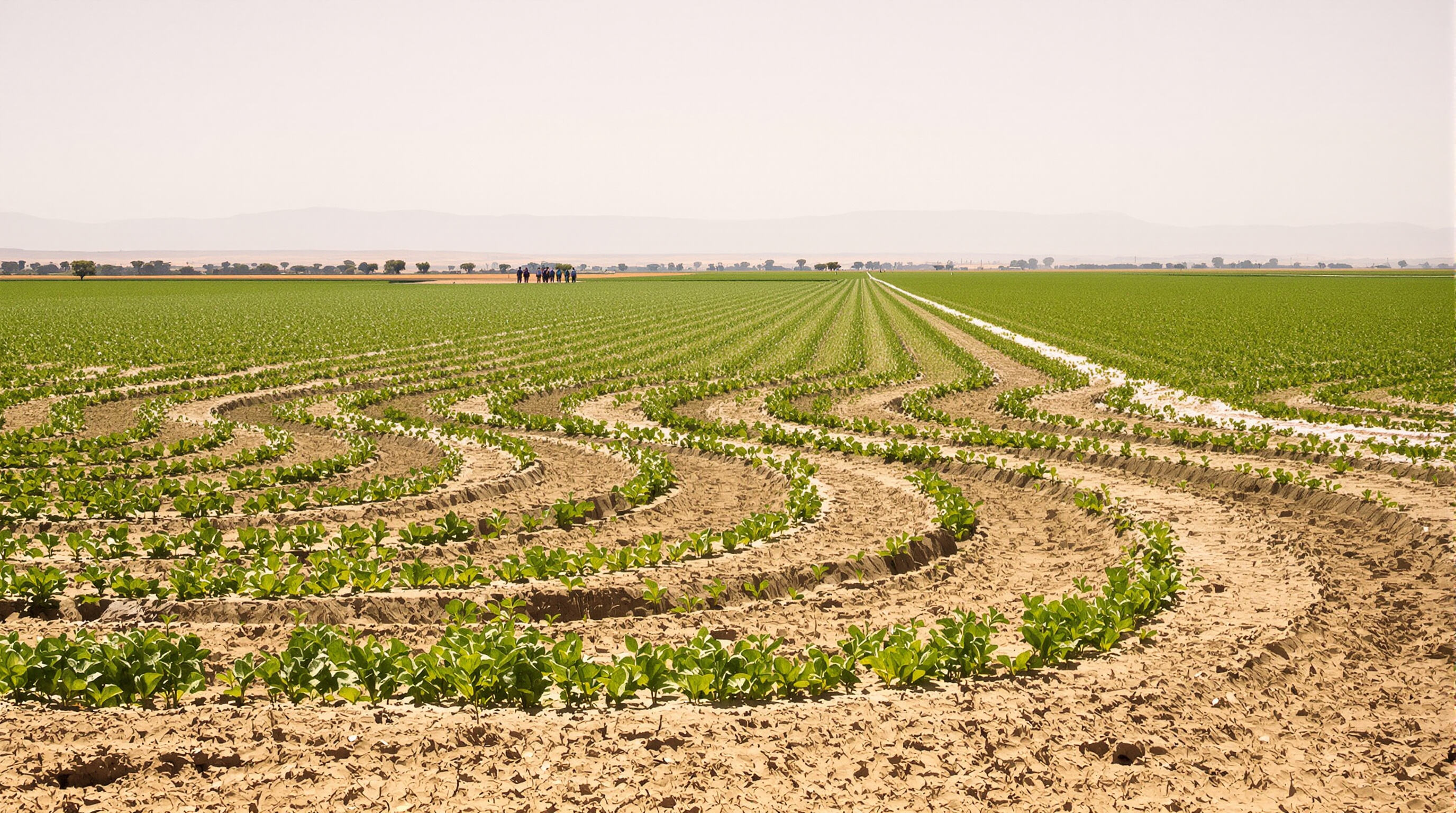 U-shaped lined ditches irrigating green crops on dry farmland under soft sunlight