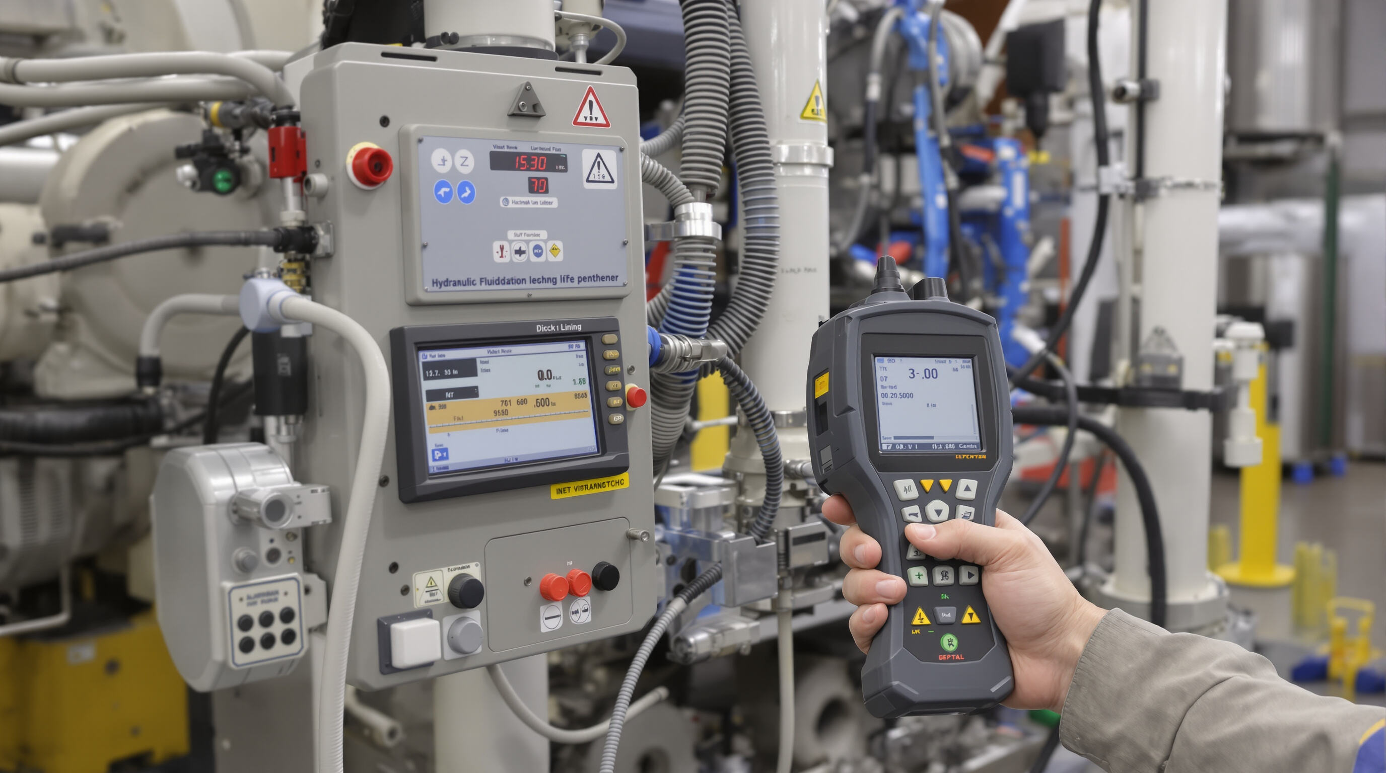 Technician monitoring predictive maintenance sensors and fluid analysis tools on a ditch lining machine in a maintenance area