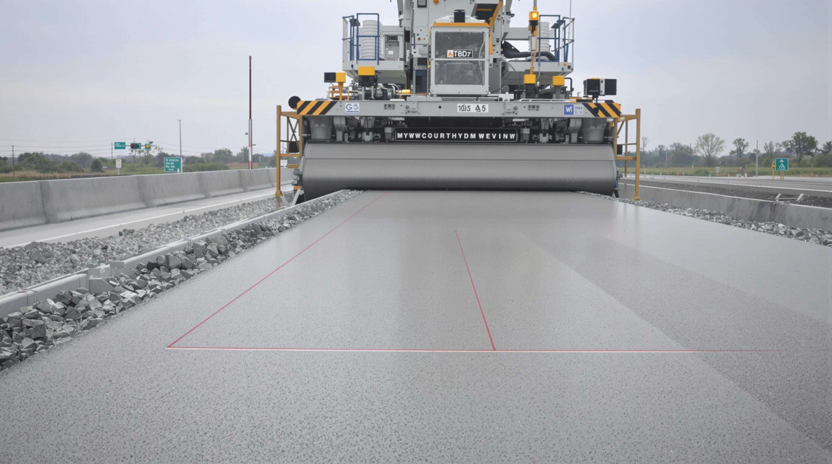 Slipform paving machine on a road build site, equipped with GPS and laser guidance, leaving behind a perfectly level, smooth new pavement.