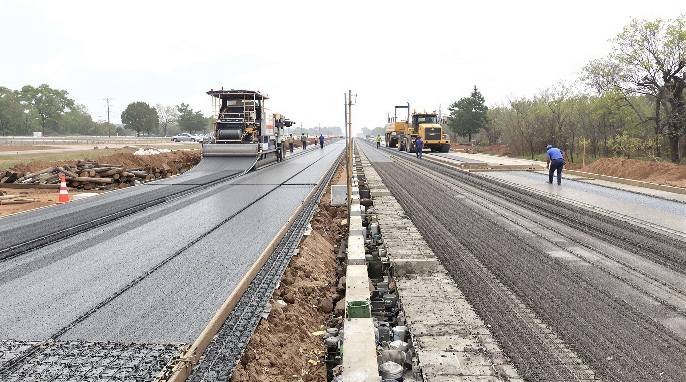 Side-by-side view of slipform and fixed-form road construction sites demonstrating productivity differences