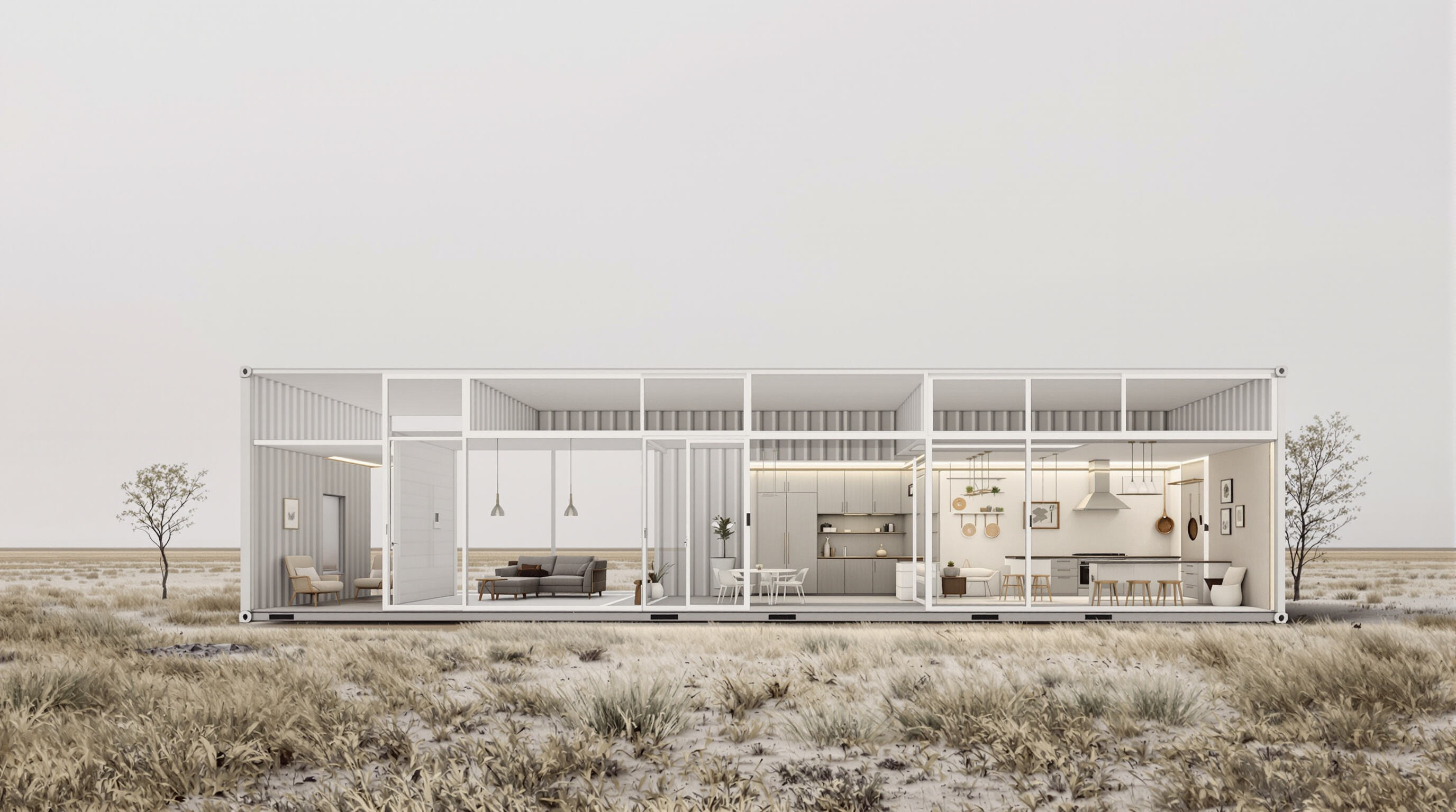 Cross-section of a container house showing space loss from interior insulation vs. unchanged living space with exterior insulation