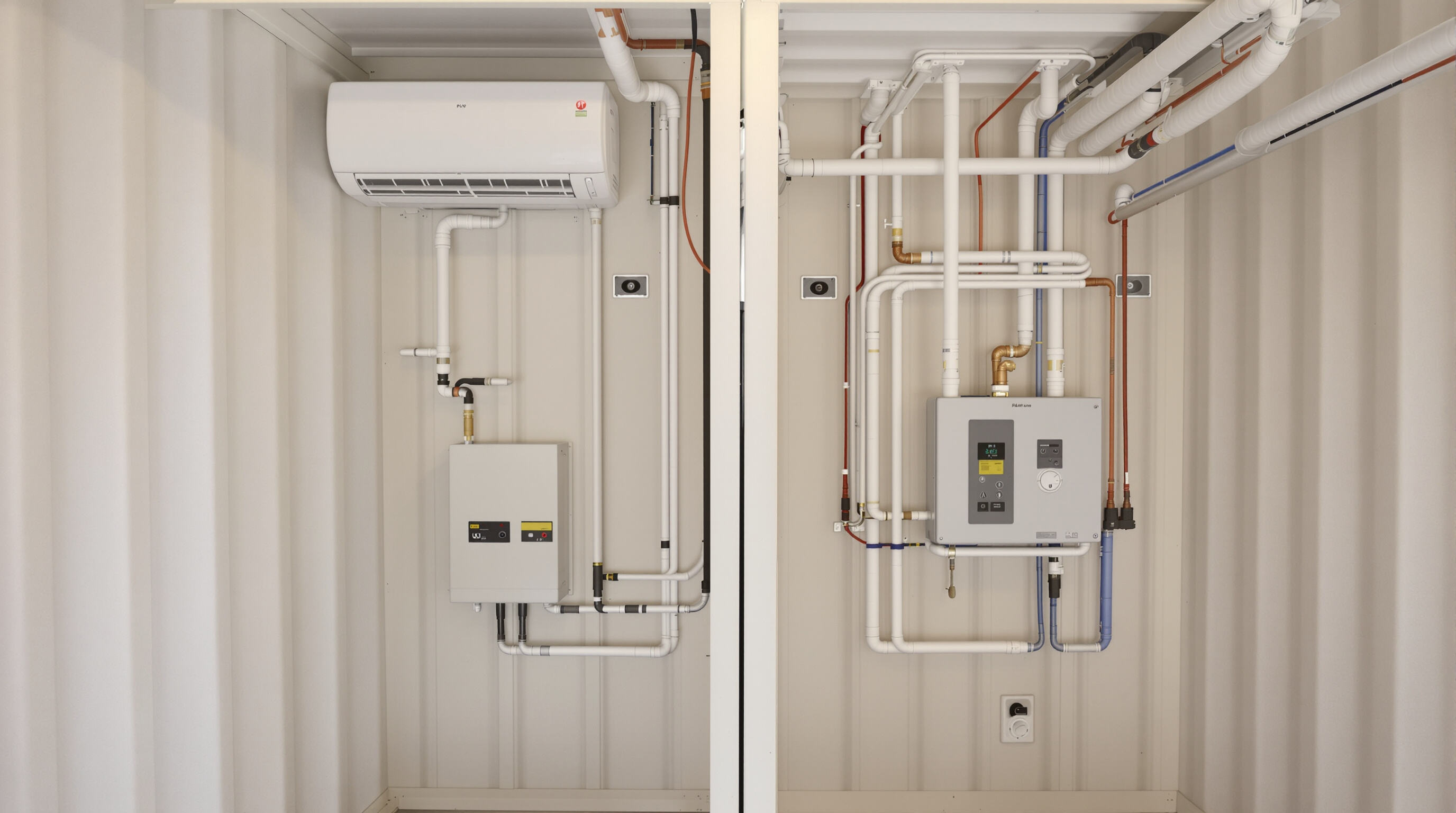 Interior of connected container houses with exposed plumbing, HVAC system, and electrical panel
