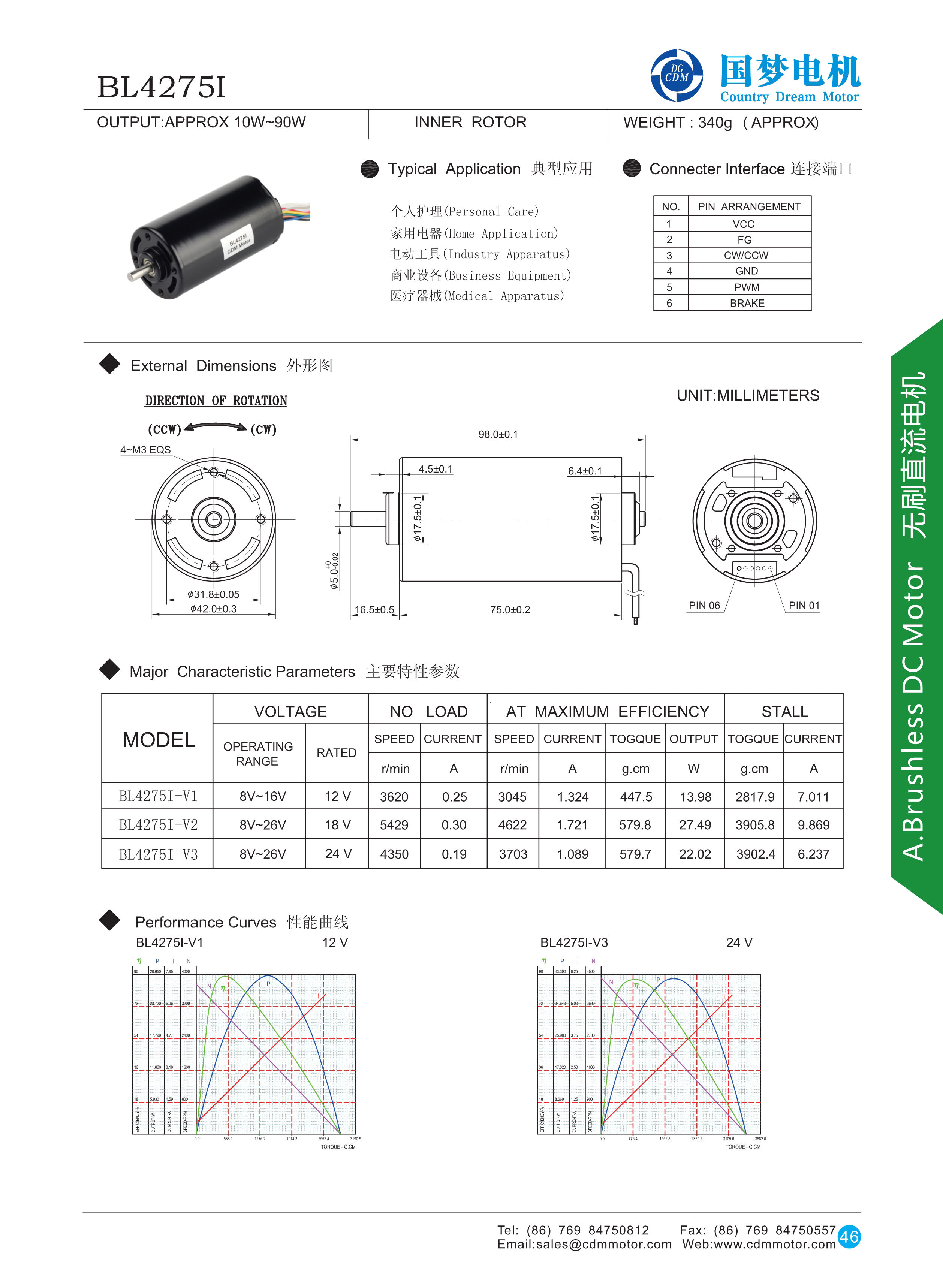 42mm  Inner Rotor High Torque Electric Brushless DC Motor  for Water Pump BL4275I details