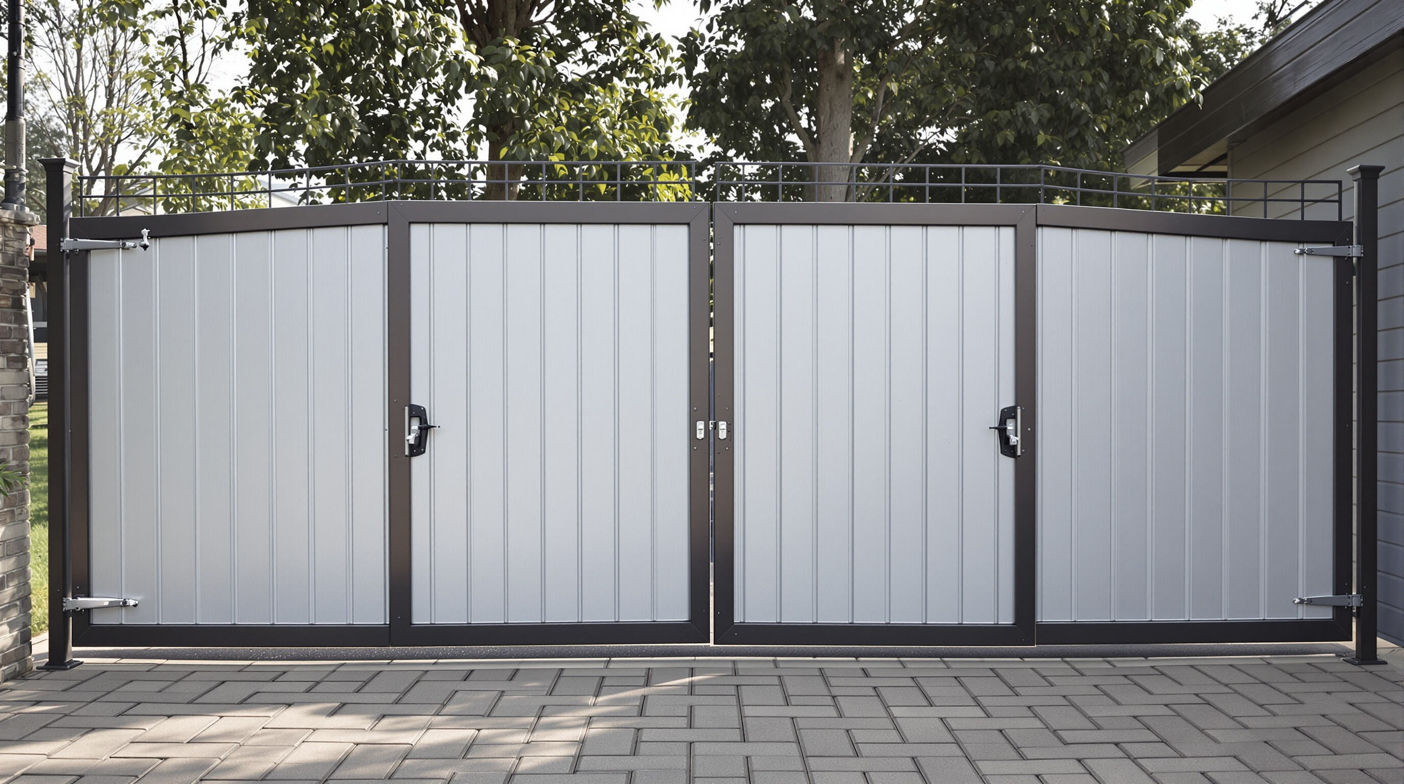 Photo of a dual swing gate closing in unison with both halves meeting exactly at the center