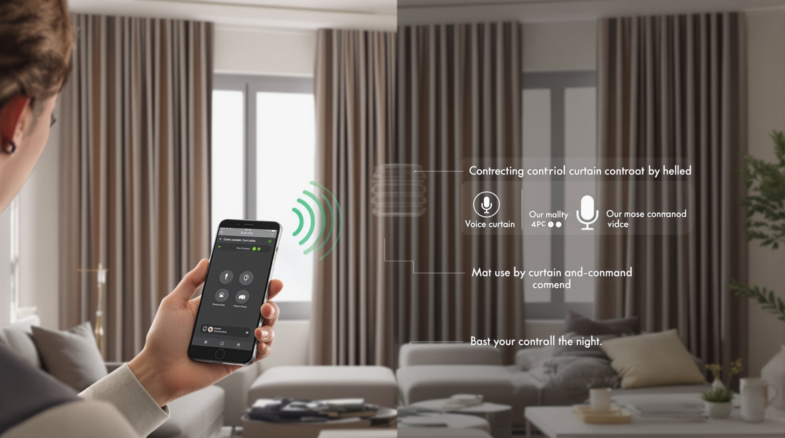 Person uses smartphone and voice command to operate smart curtains in a sunlit modern living room