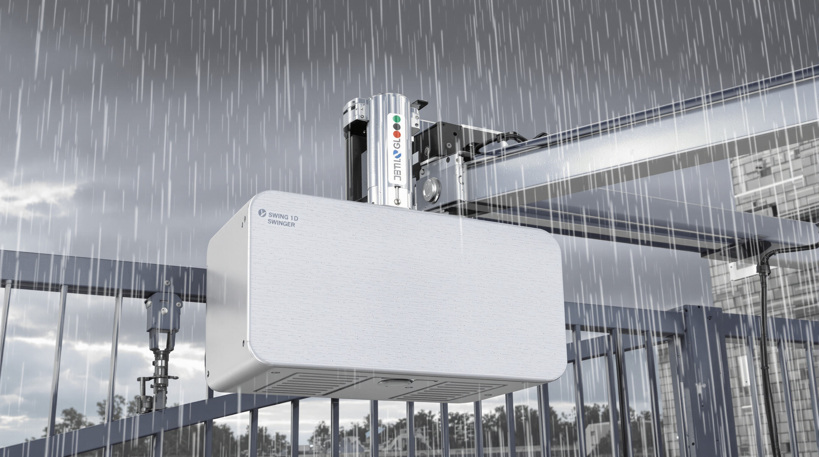 Close-up of weather-resistant swing gate opener with water droplets on metal surfaces