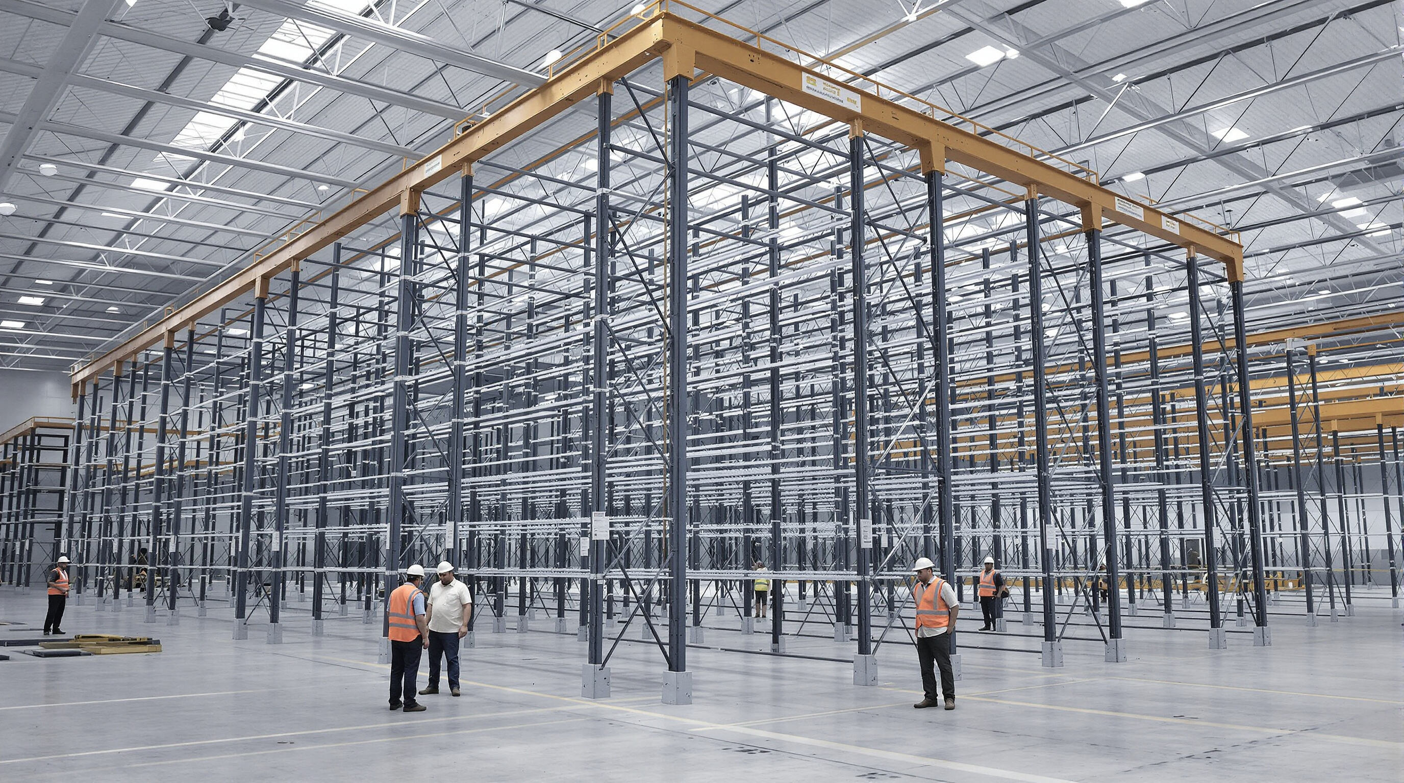 Engineers examining steel rack structure showing bracing and floor anchors in a warehouse