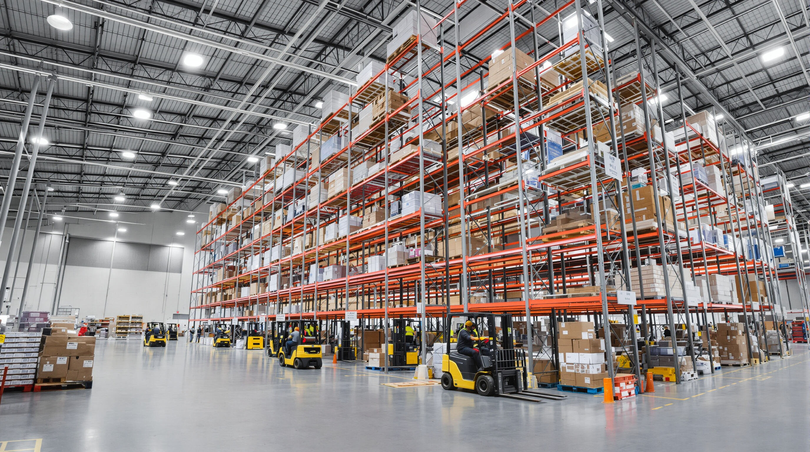 Modern warehouse with tall steel racks utilizing vertical space and forklifts accessing products