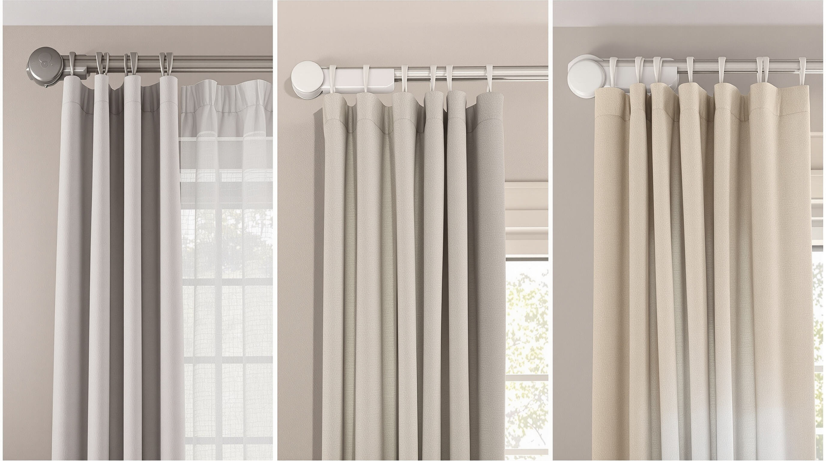 Smart curtain motors installed on various curtain types and track systems showing compatibility options