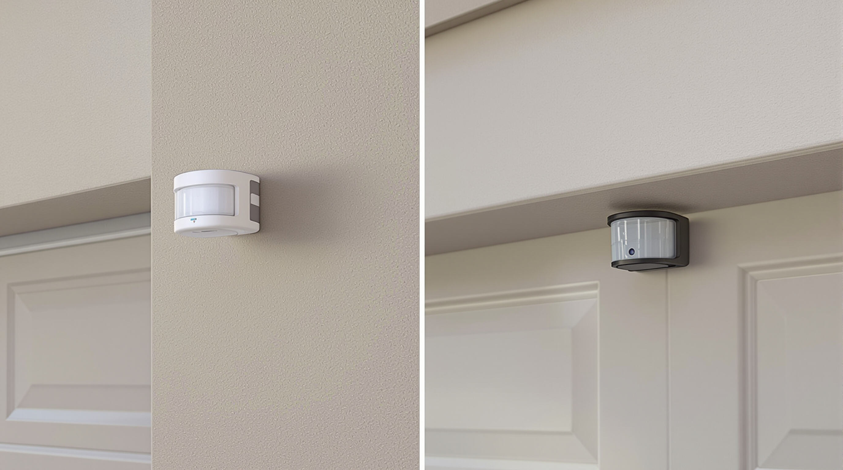 Side-by-side comparison of dual and single garage door sensor installations, each positioned along the base of a garage entrance