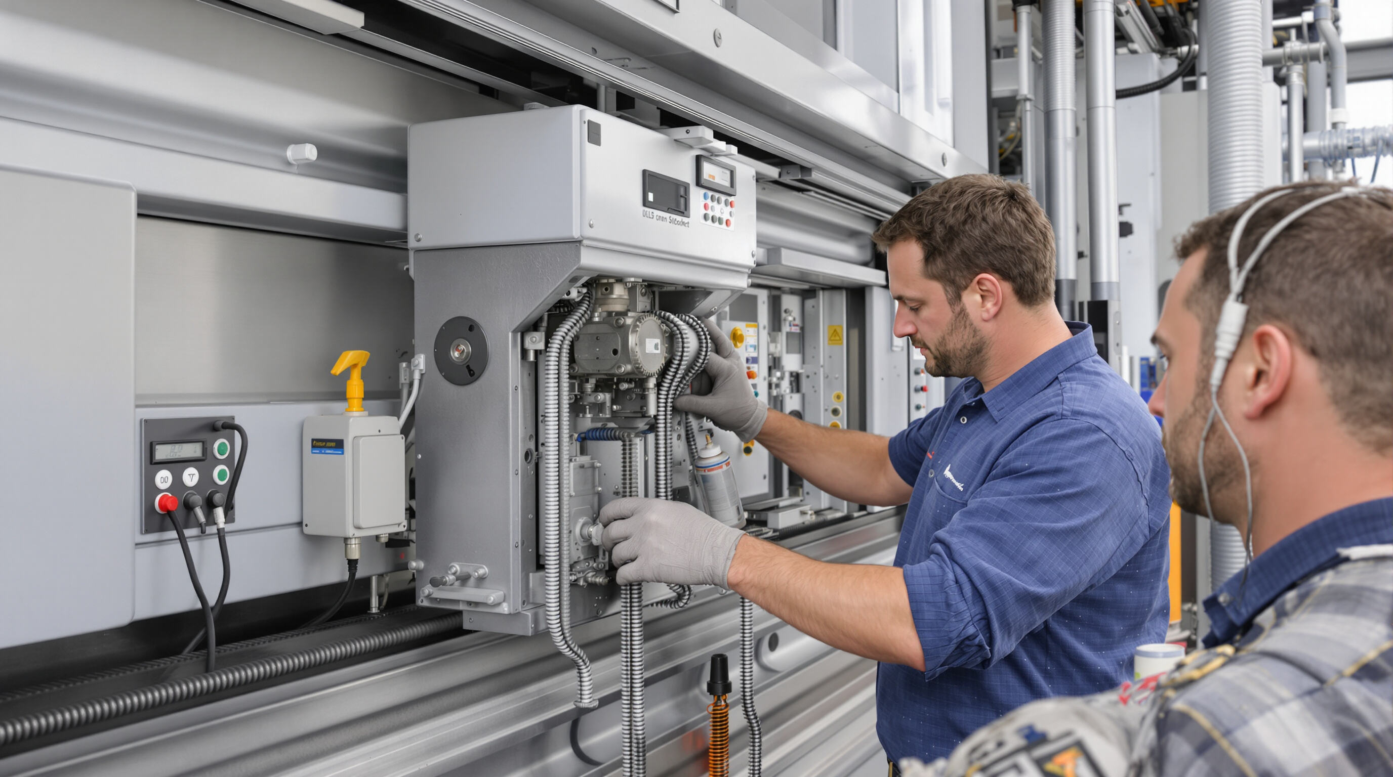 Technician performing maintenance on an industrial sliding gate operator outdoors