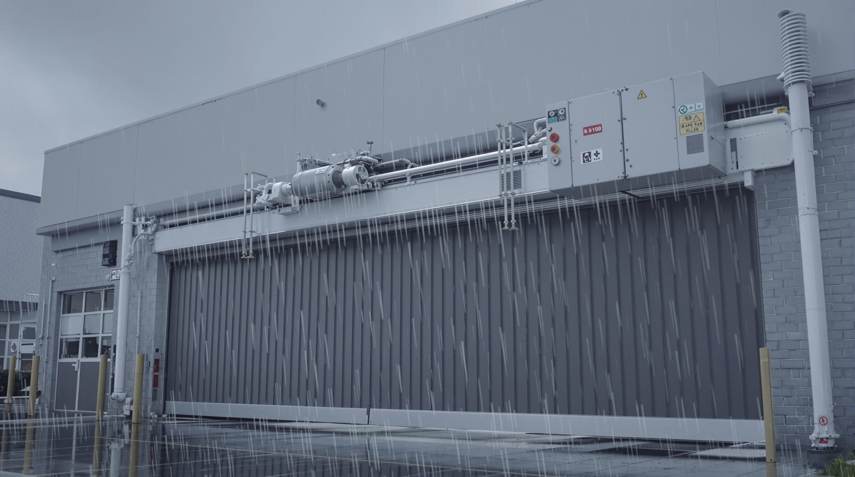 Heavy-duty industrial sliding gate operator moving a large metal gate in adverse weather