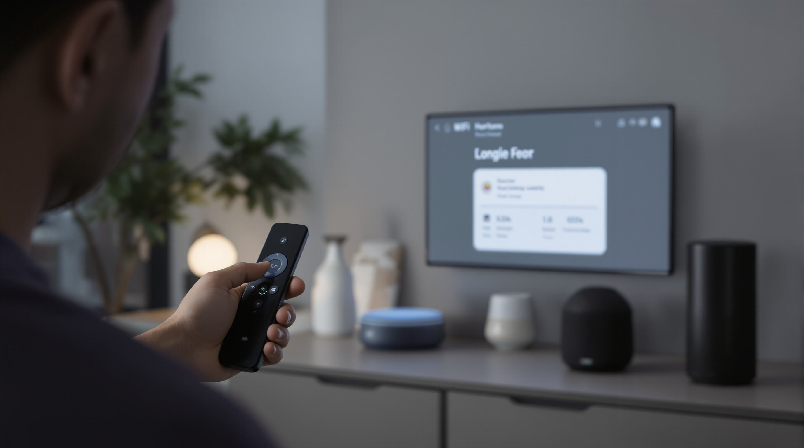 User interacting with a WiFi remote displaying smart home device feedback in a modern living space