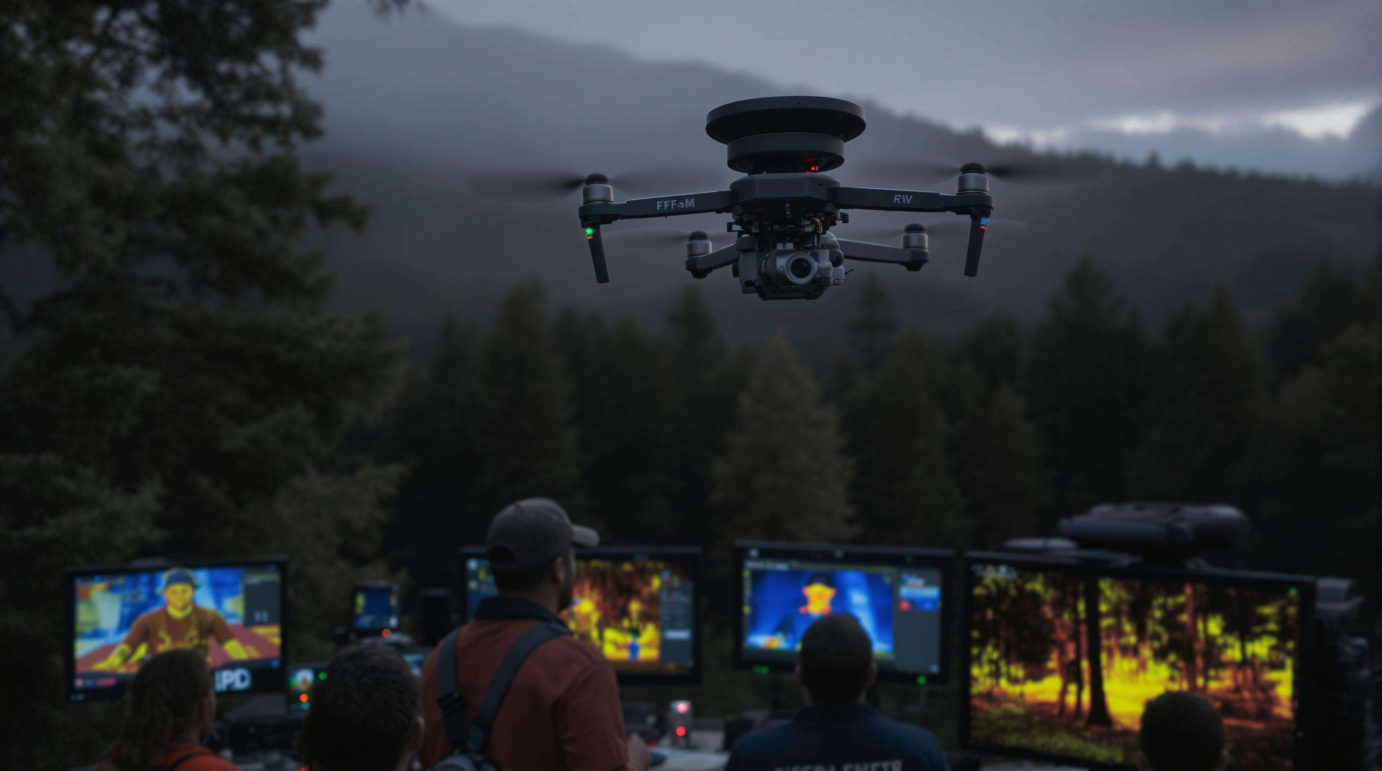 Rescue drone with speakers assisting search teams in a forest environment