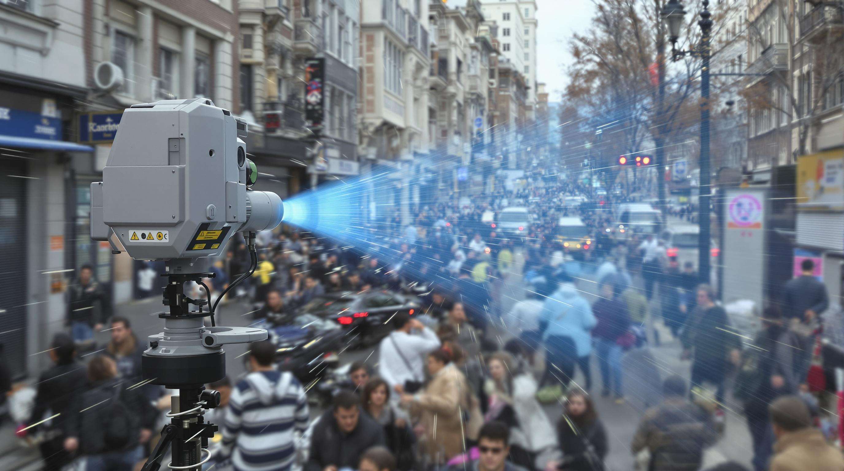 Acoustic hailing device projecting a focused sound beam through a noisy urban crowd with strong wind