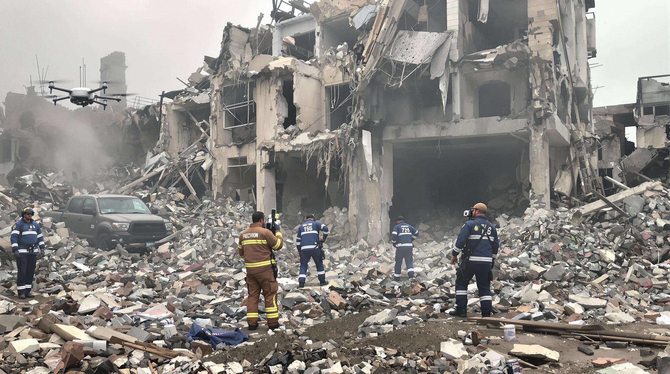 First responders with an acoustic hailing device and drone conducting a search-and-rescue in a collapsed building
