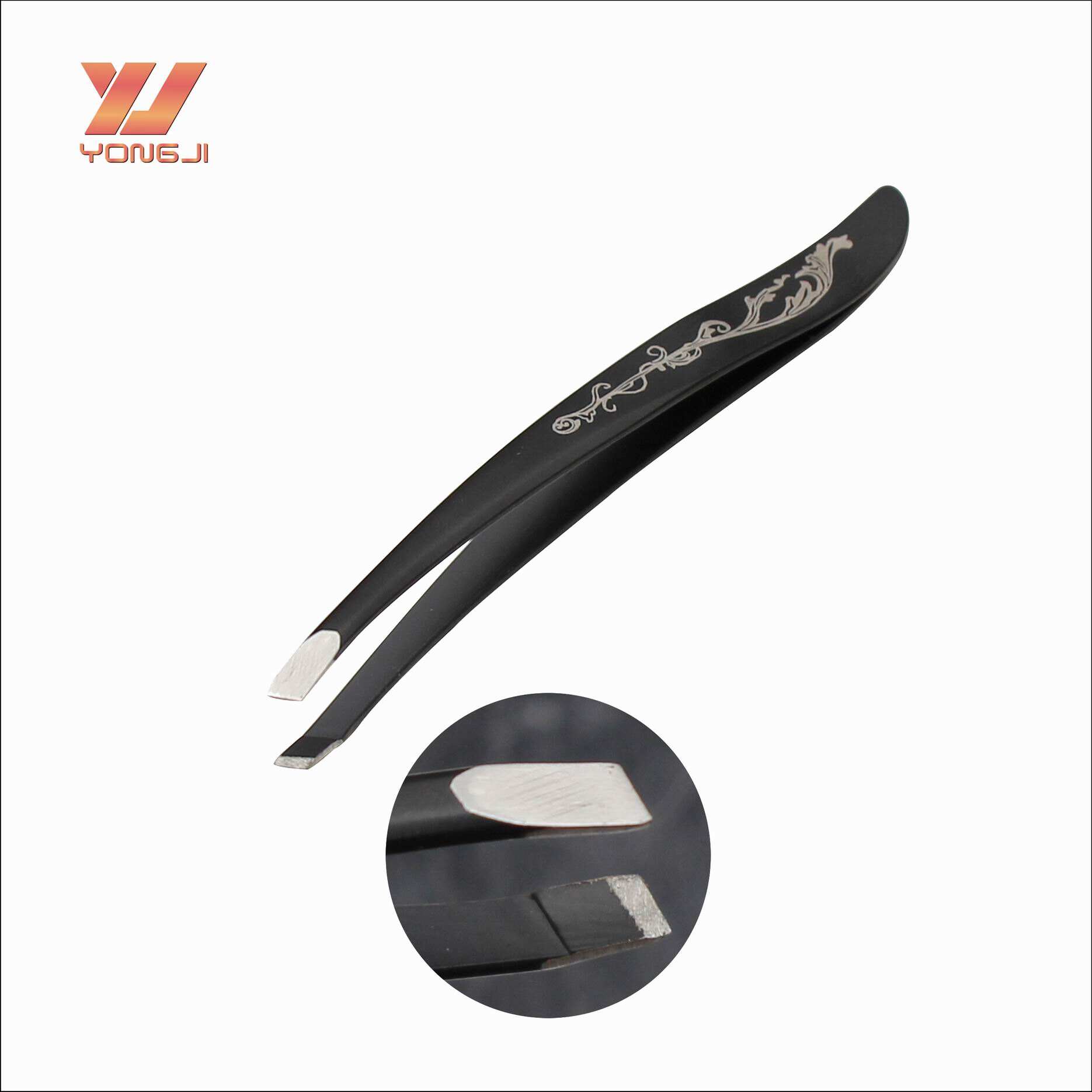 Wholesale Black Beauty Tool Set Stainless Steel Eyebrow Tweezers with Slanted Tip details