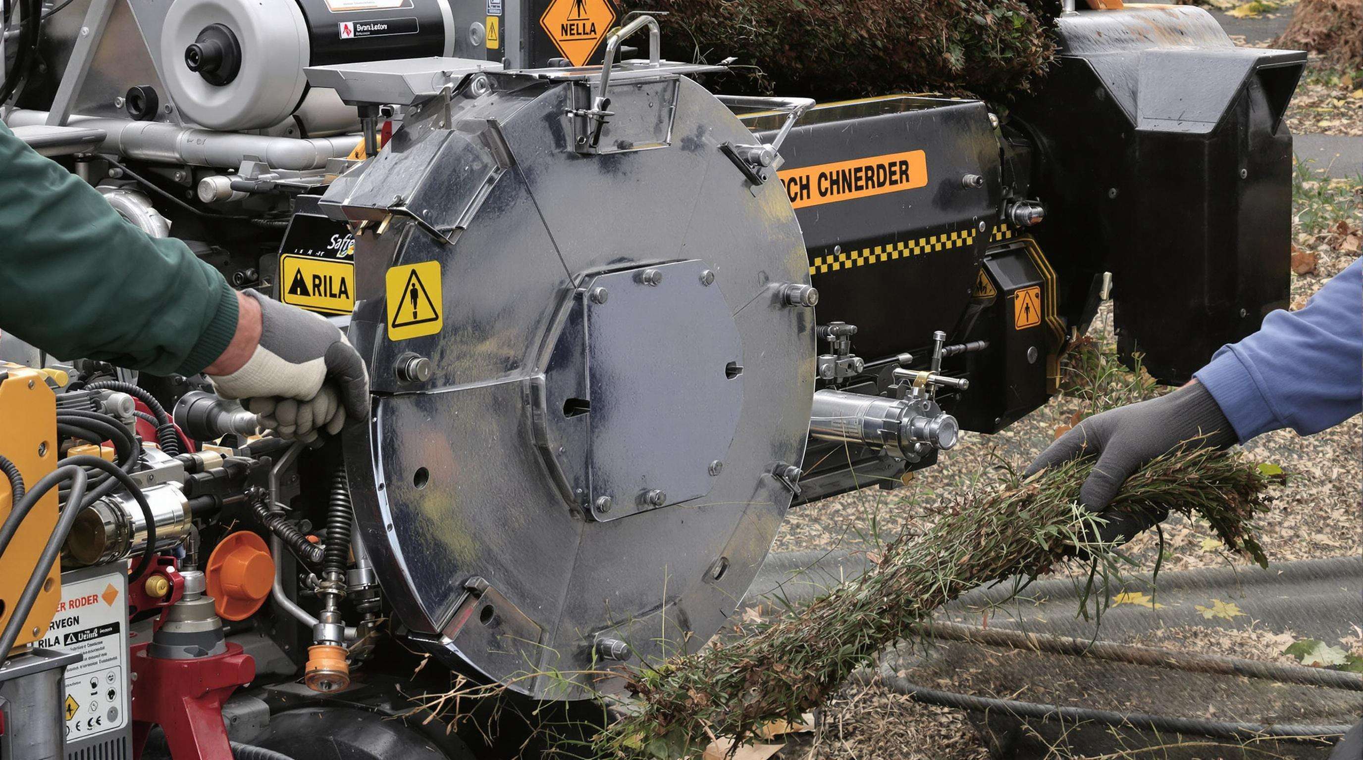 Branch shredder with safety and feed features being used by a person wearing gloves