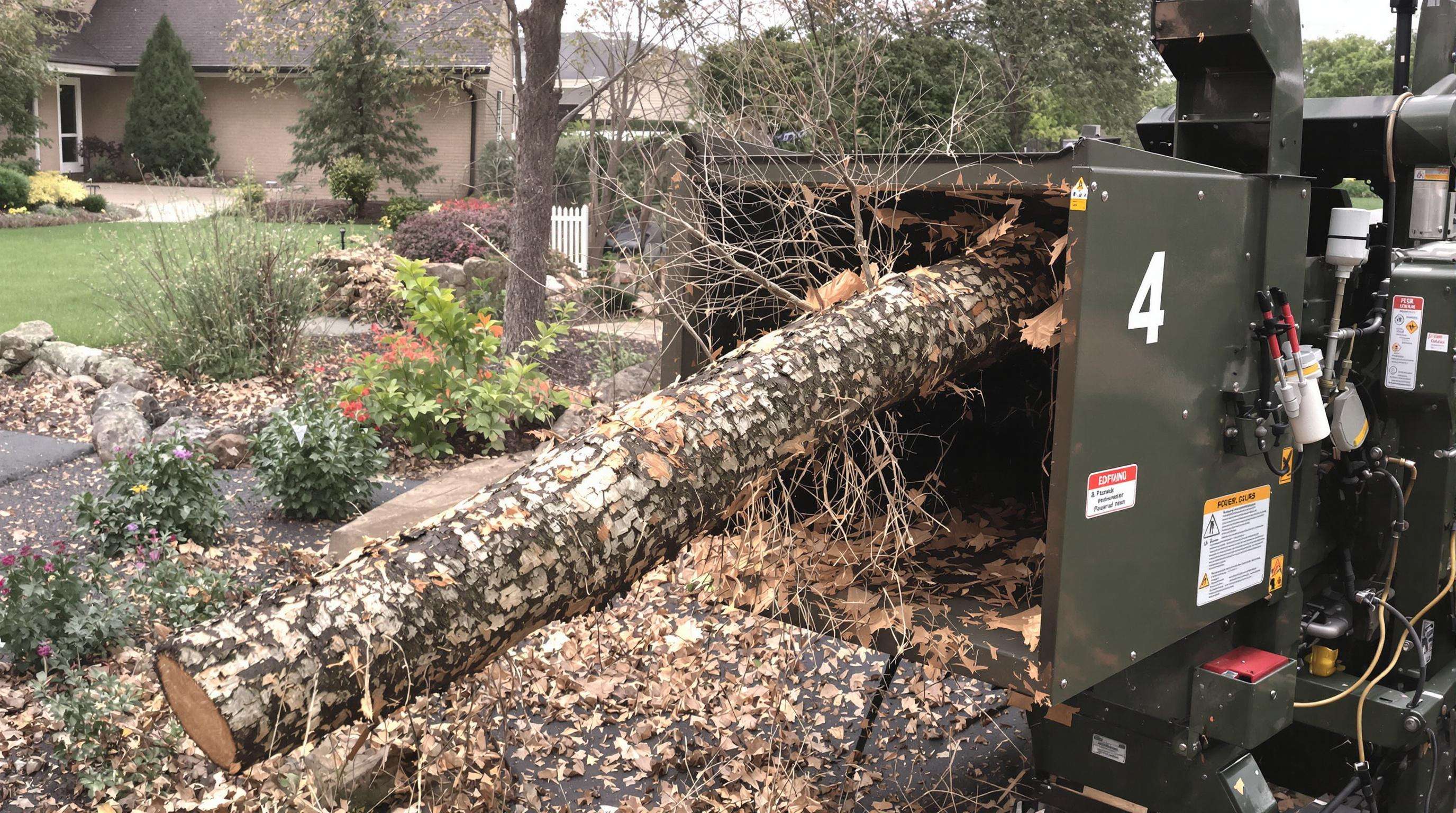 Person wearing PPE safely feeding a branch into a chipper shredder with a clear safety zone