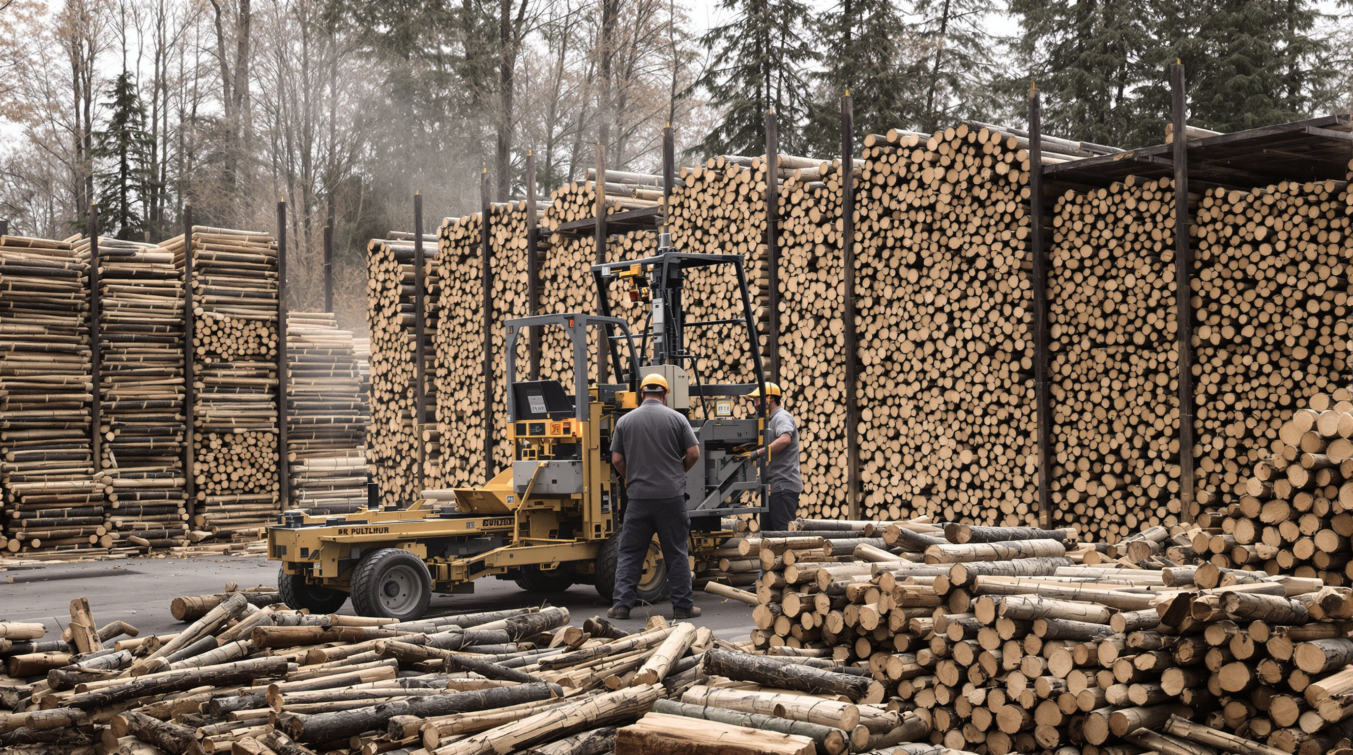 Efficient firewood processing facility with advanced machines and high output activity