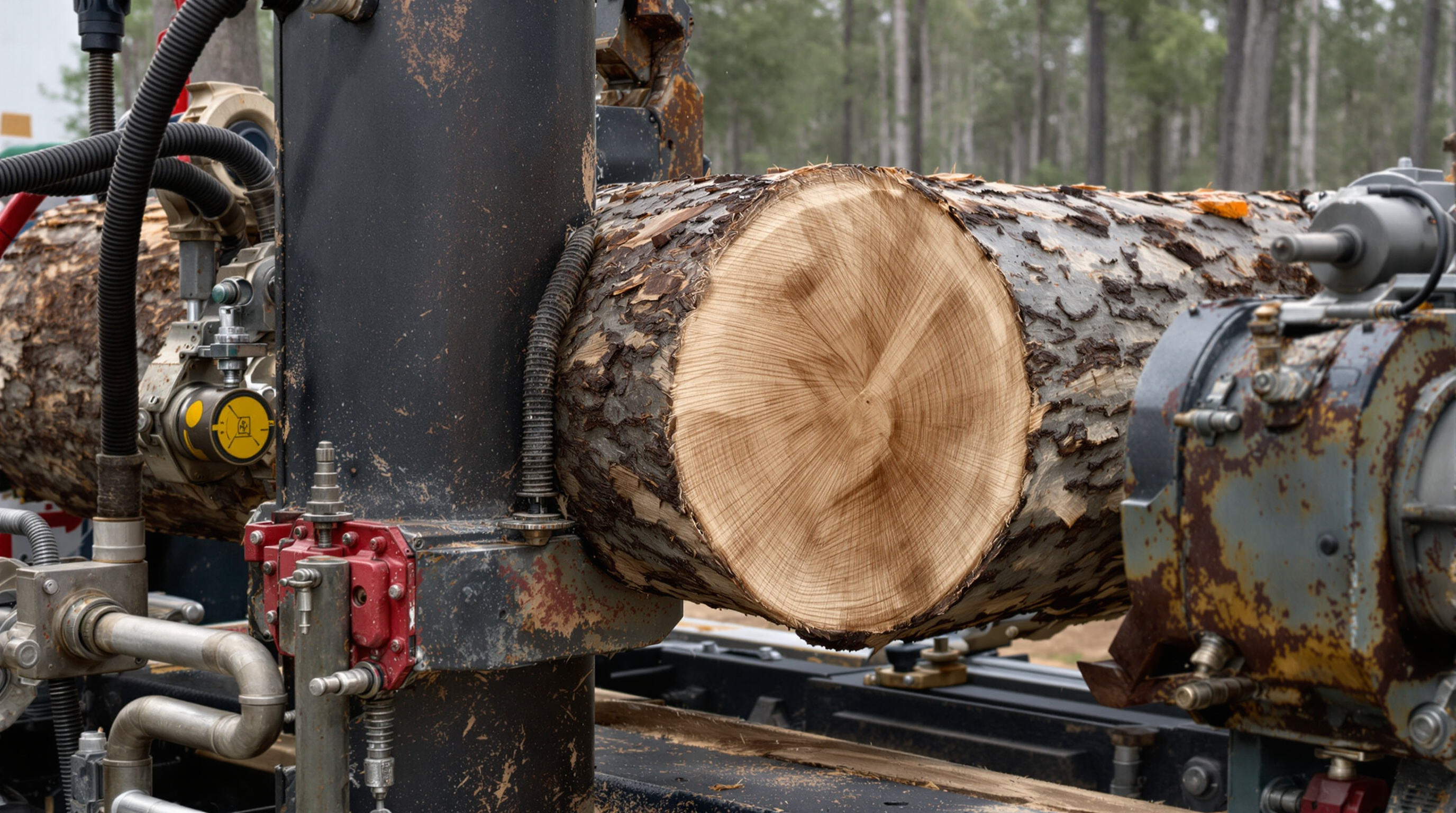 Close-up of a heavy-duty log splitter's hydraulic system pressing into a hardwood log