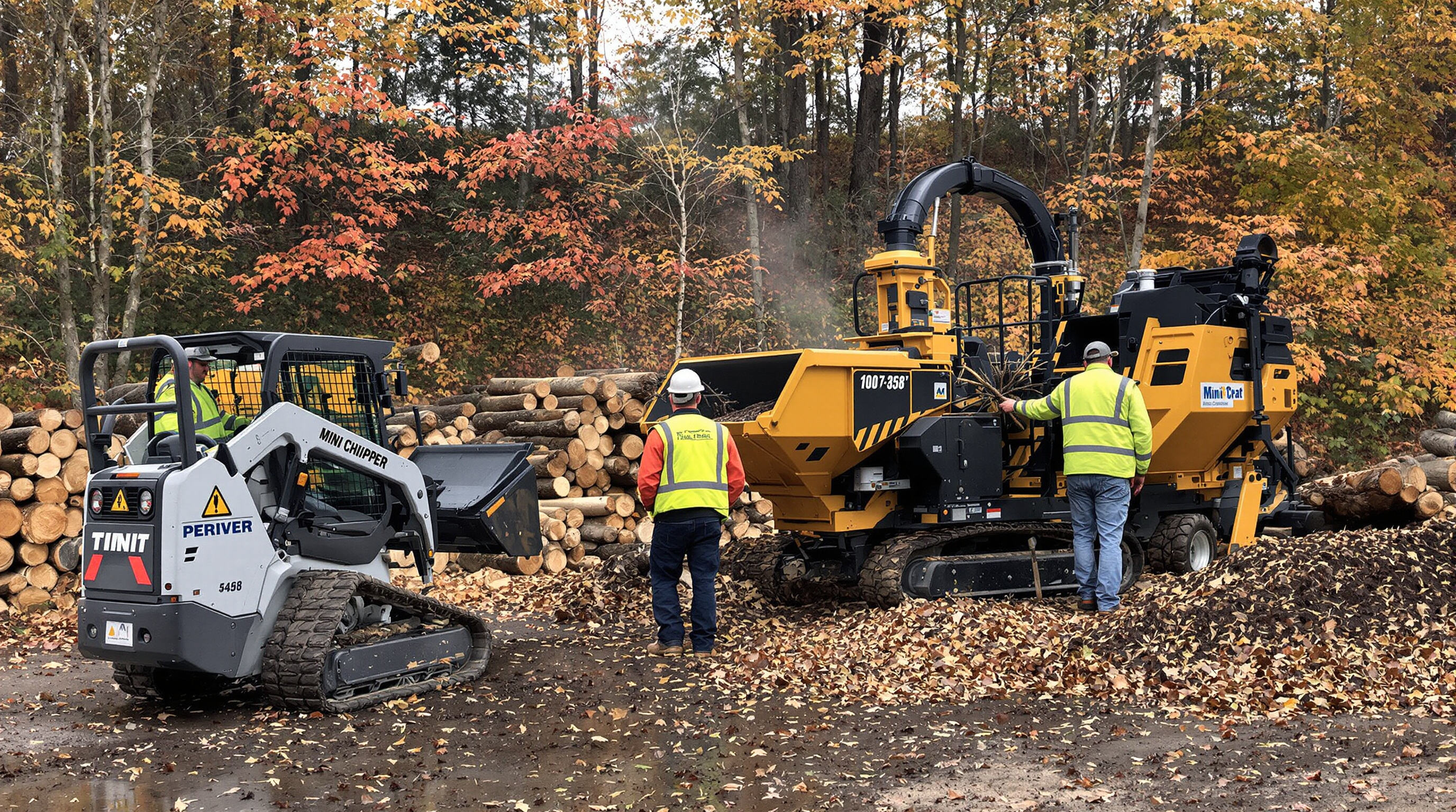 Workers using a mini dumper to safely feed branches into a wood chipper with clear buffer zone.
