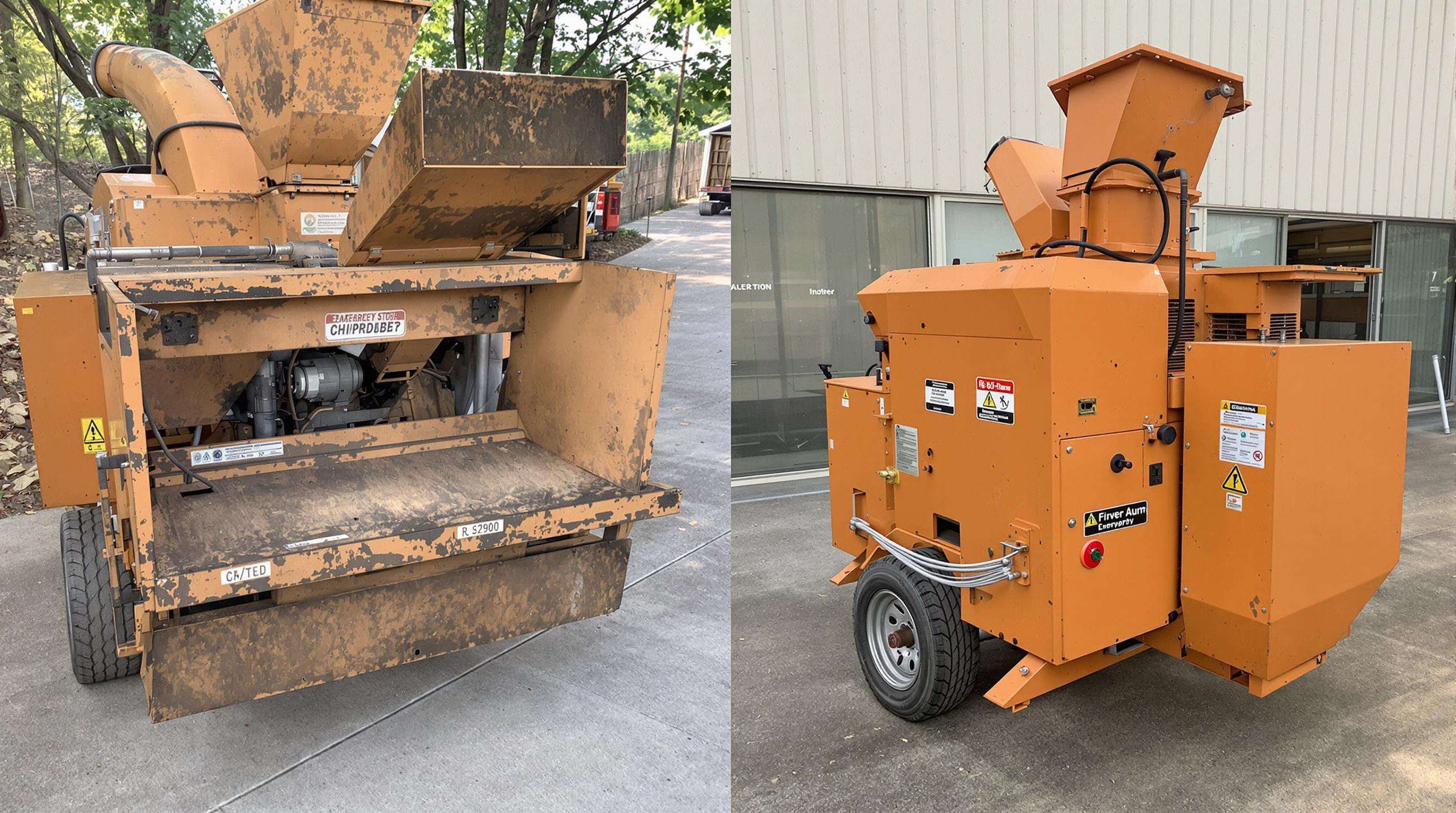 Comparison of an old chipper shredder lacking modern safety features next to a new model with advanced protections