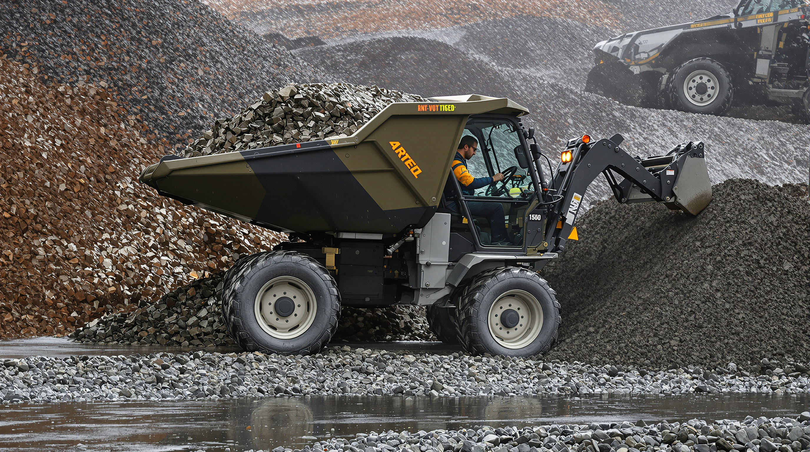 Realistic photo of a petrol 4x4 mini dumper carrying heavy cargo across wet gravel with strong traction