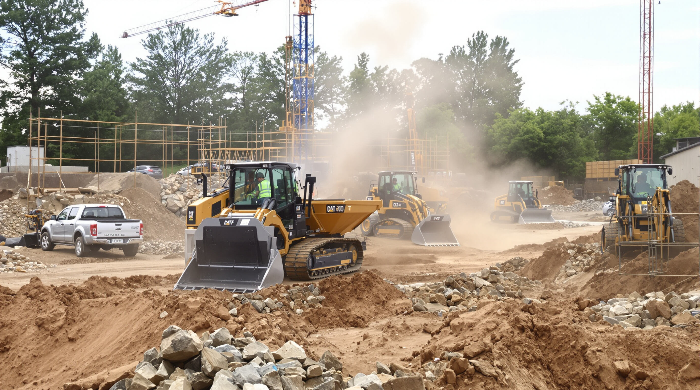 Electric mini dumpers working on a clean construction site with no visible emissions or spills