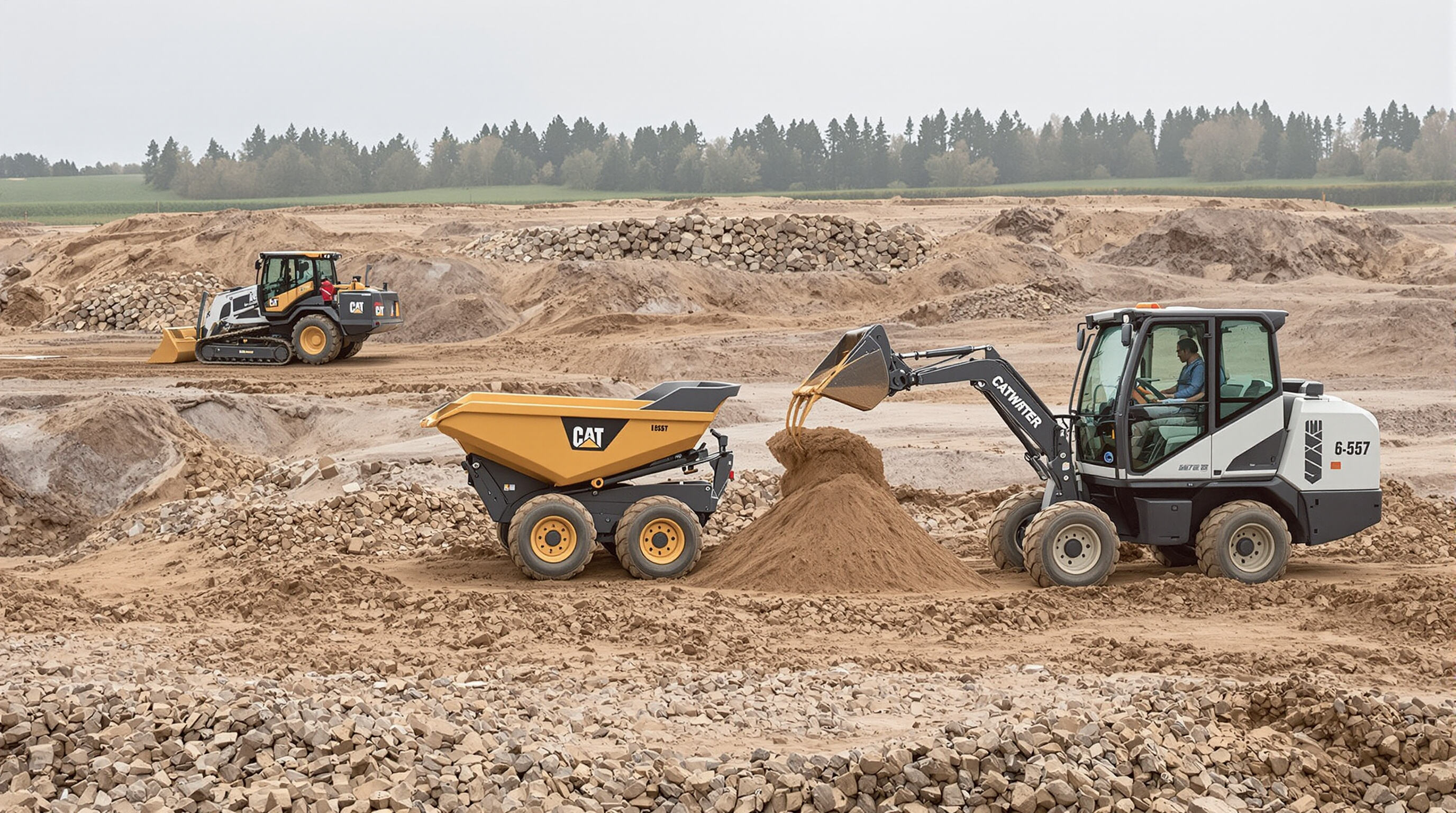 Gas-powered and electric mini dumpers working side by side on a construction site