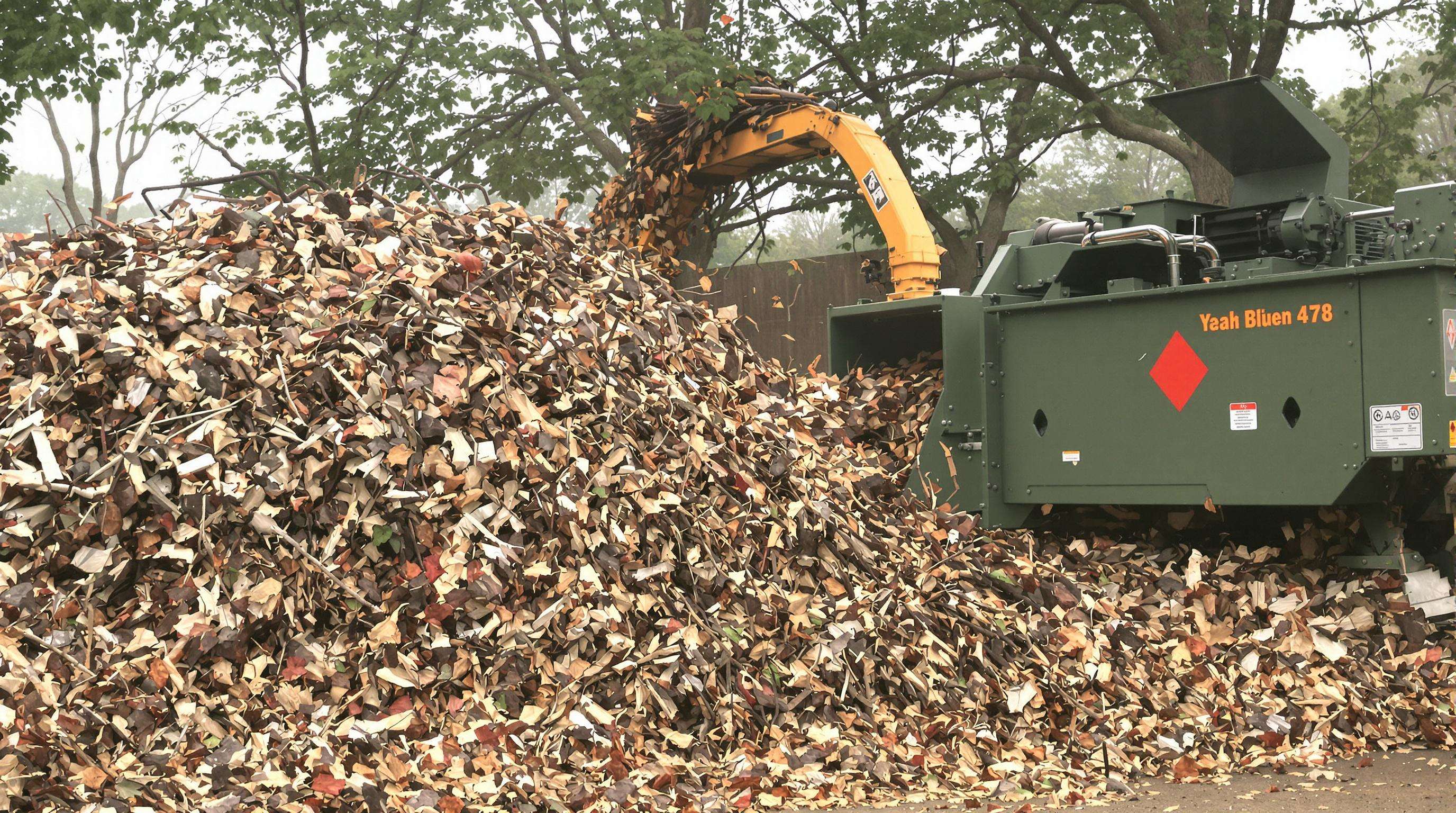 Industrial chipper shredder reducing large piles of yard debris to wood chips outdoors