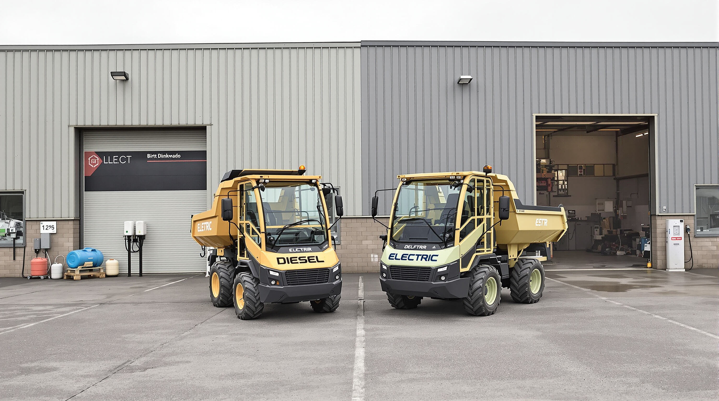 Electric and diesel mini dumpers side by side, with battery charging and fuel maintenance equipment visible