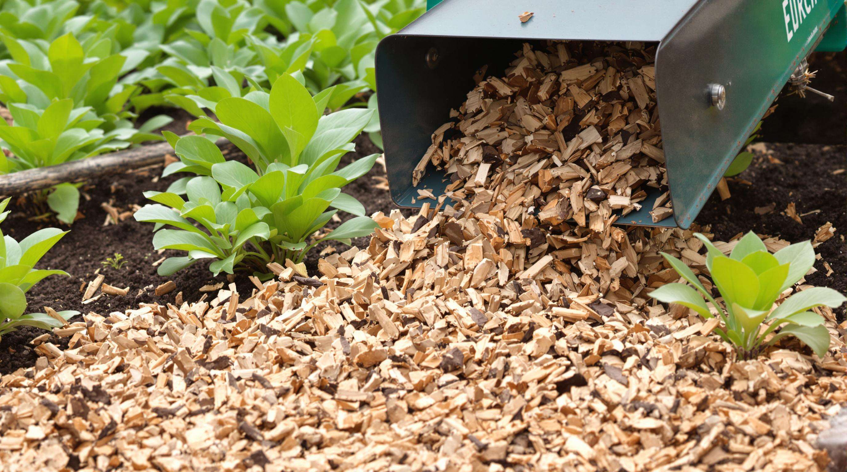 Hand applying wood chip mulch onto moist garden soil with lush plants in the background