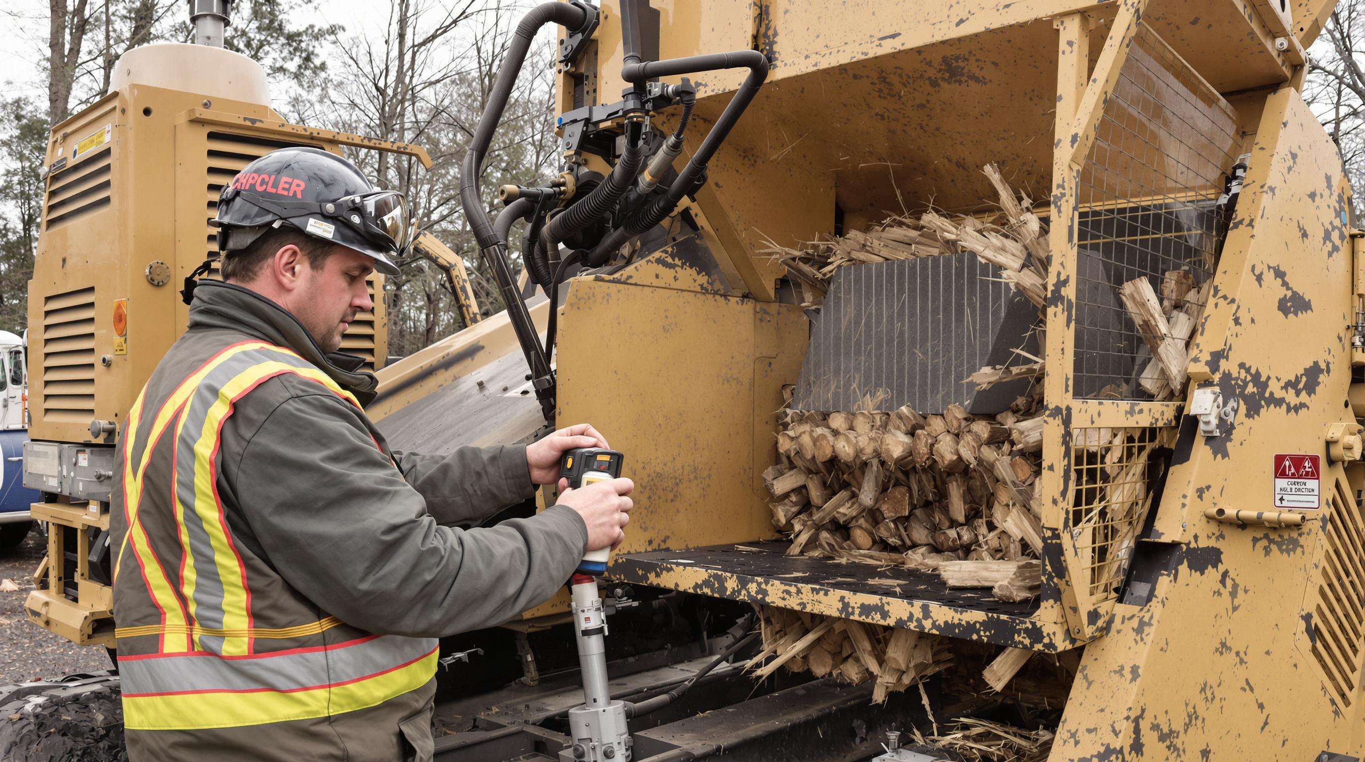 Worker inspecting safety features on a chipper shredder outdoors with inspection tools
