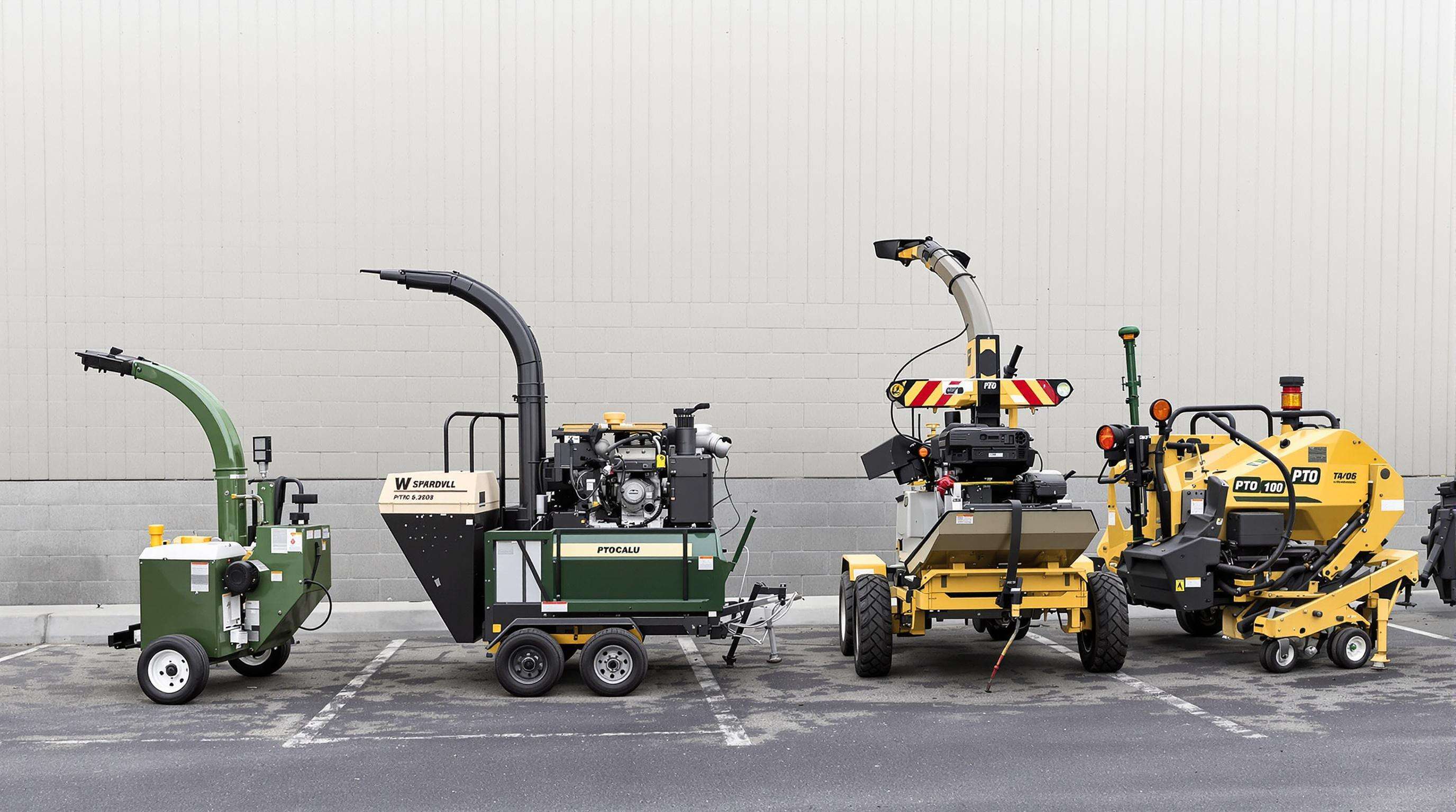 Realistic photo comparison of four types of branch shredders with varying sizes and styles outdoors