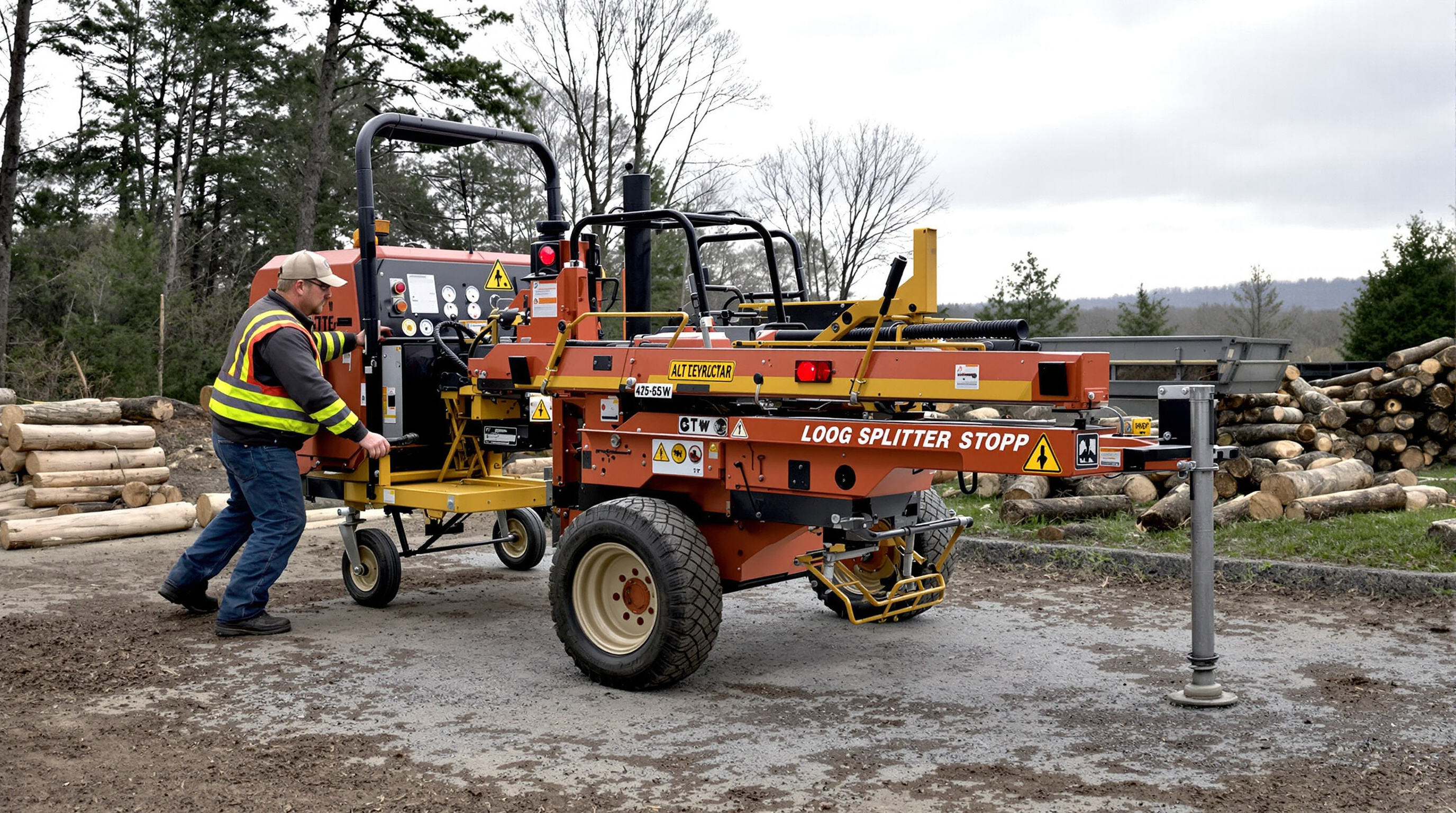 Professional log splitter with wheels and safety features being moved by one operator outdoors