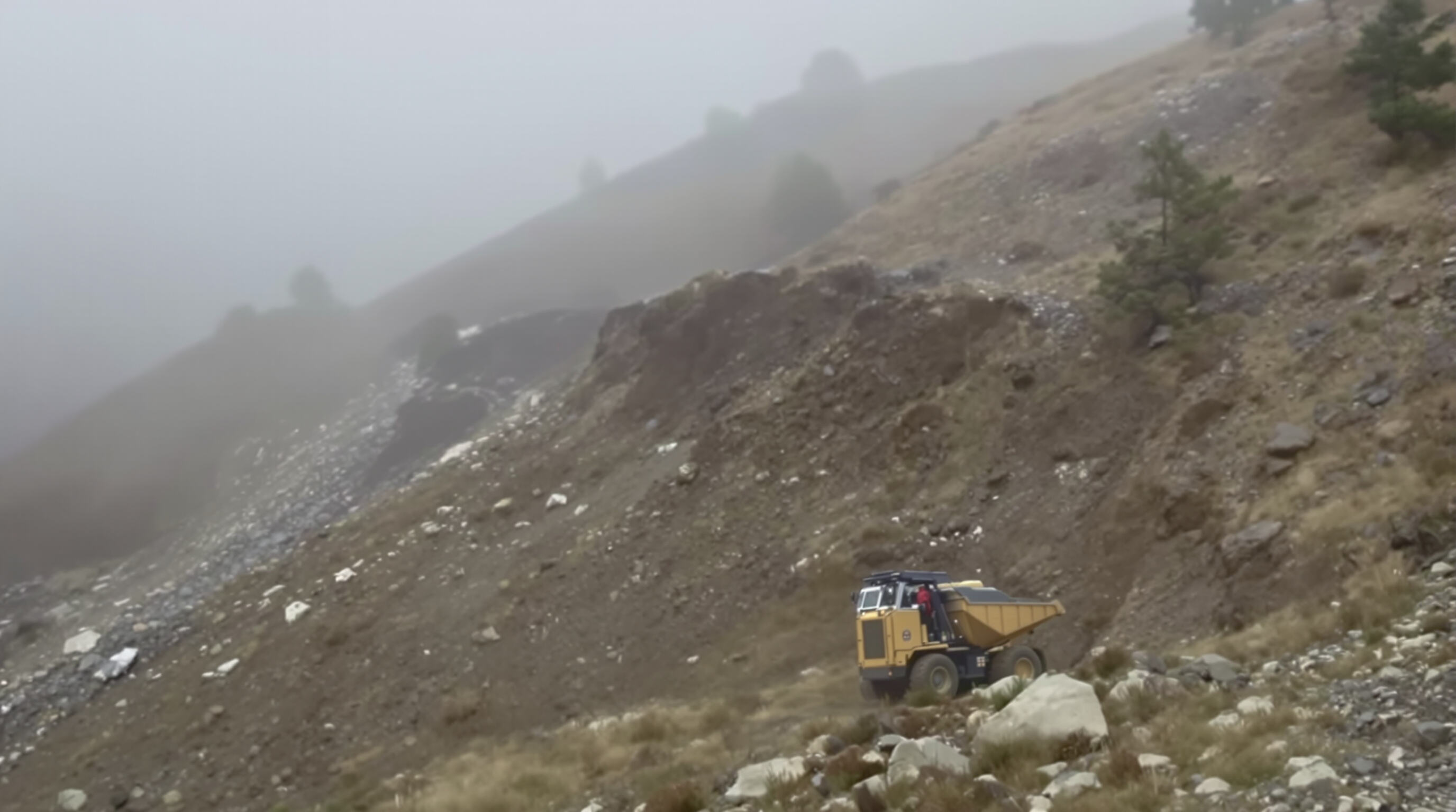 Gas-powered mini dumper climbing a muddy hill in a remote rugged environment