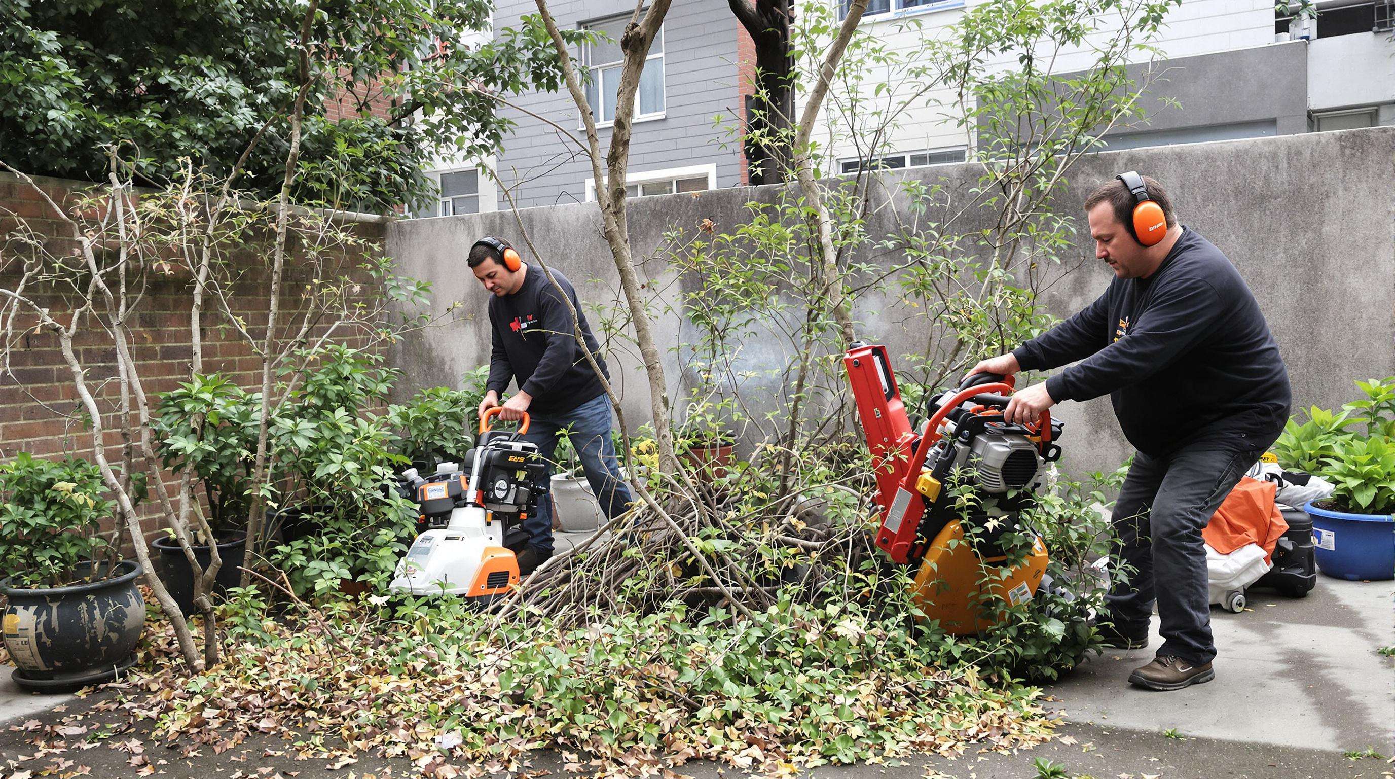 People operating electric and gas shredders in a city backyard, highlighting noise and emissions differences