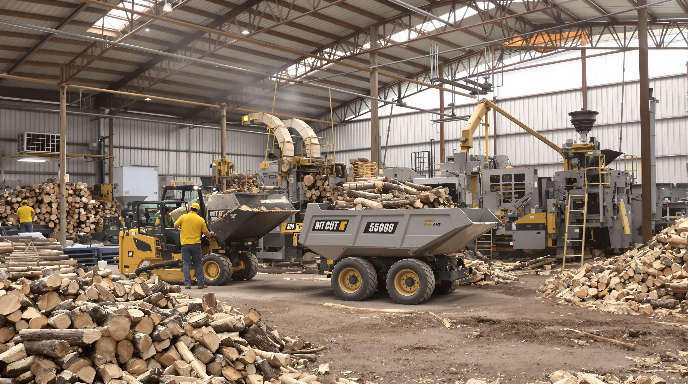 A mini dumper transporting logs between wood splitters and chippers in an organized workshop.