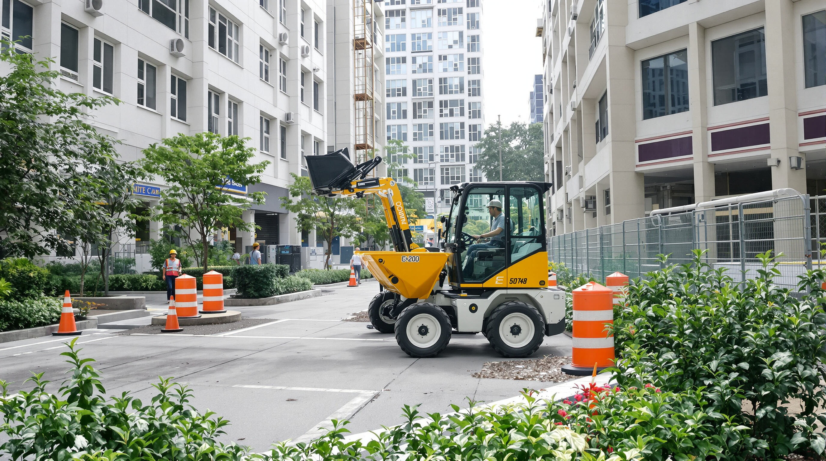 Electric mini dumper working in a clean urban construction site near buildings and green spaces