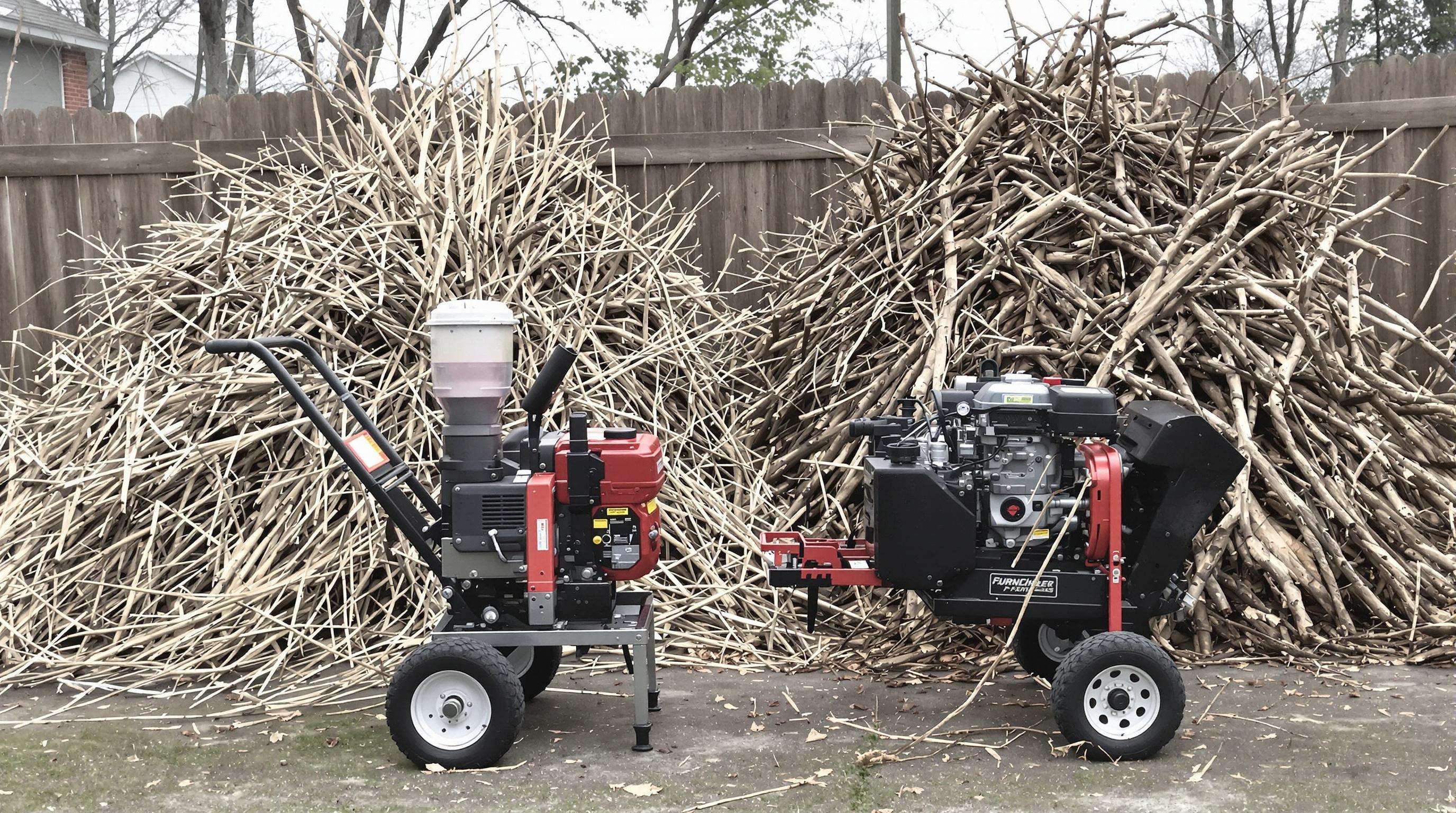 Electric and gas branch shredders shown with piles of thin and thick branches demonstrating their chipping capacities