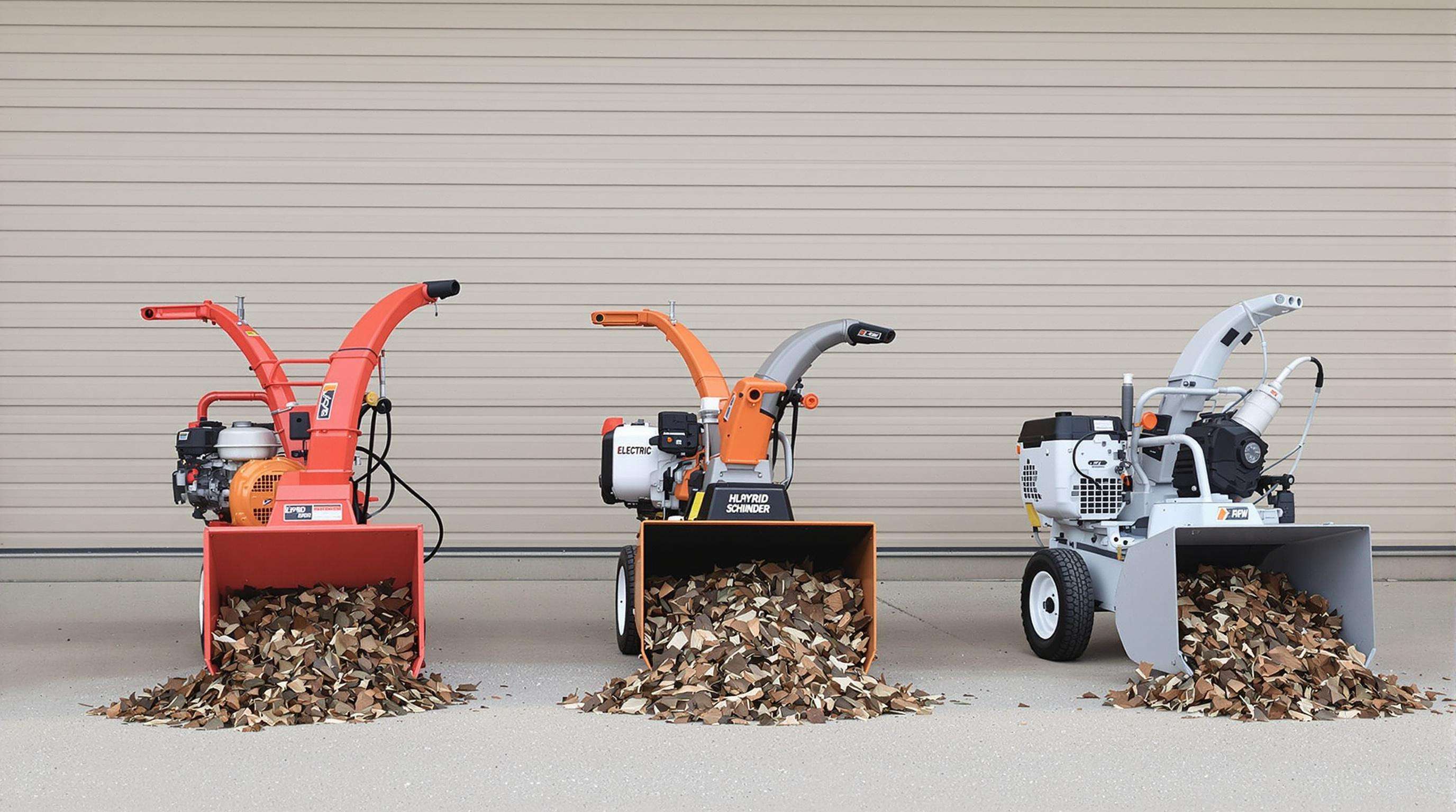 Three different types of branch shredders displayed outdoors with processed debris