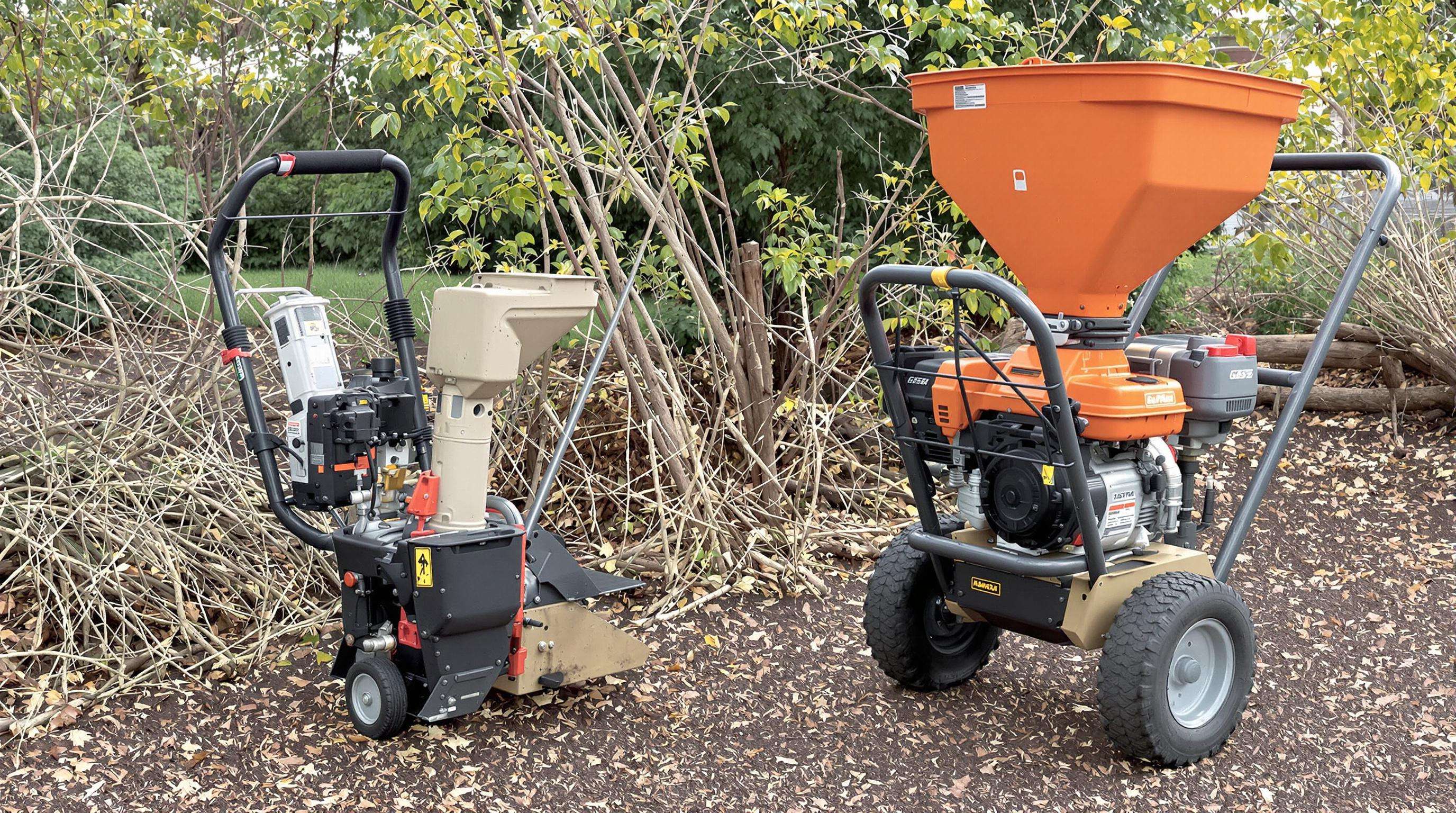 Electric and gas-powered branch shredders side by side in a garden with trimmed branches