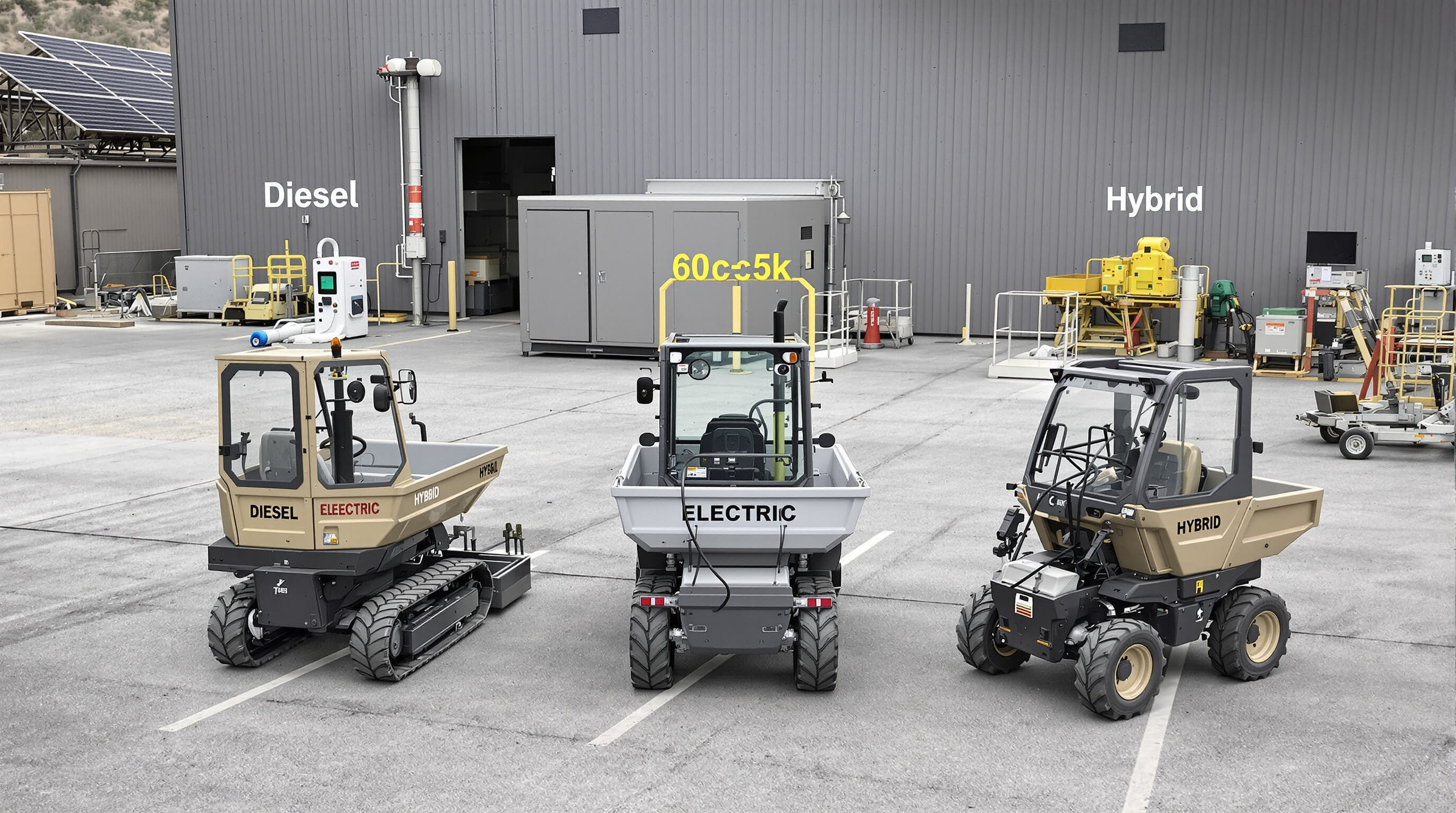 Diesel, electric, and hybrid mini dumpers side by side, showing power source differences on a work yard